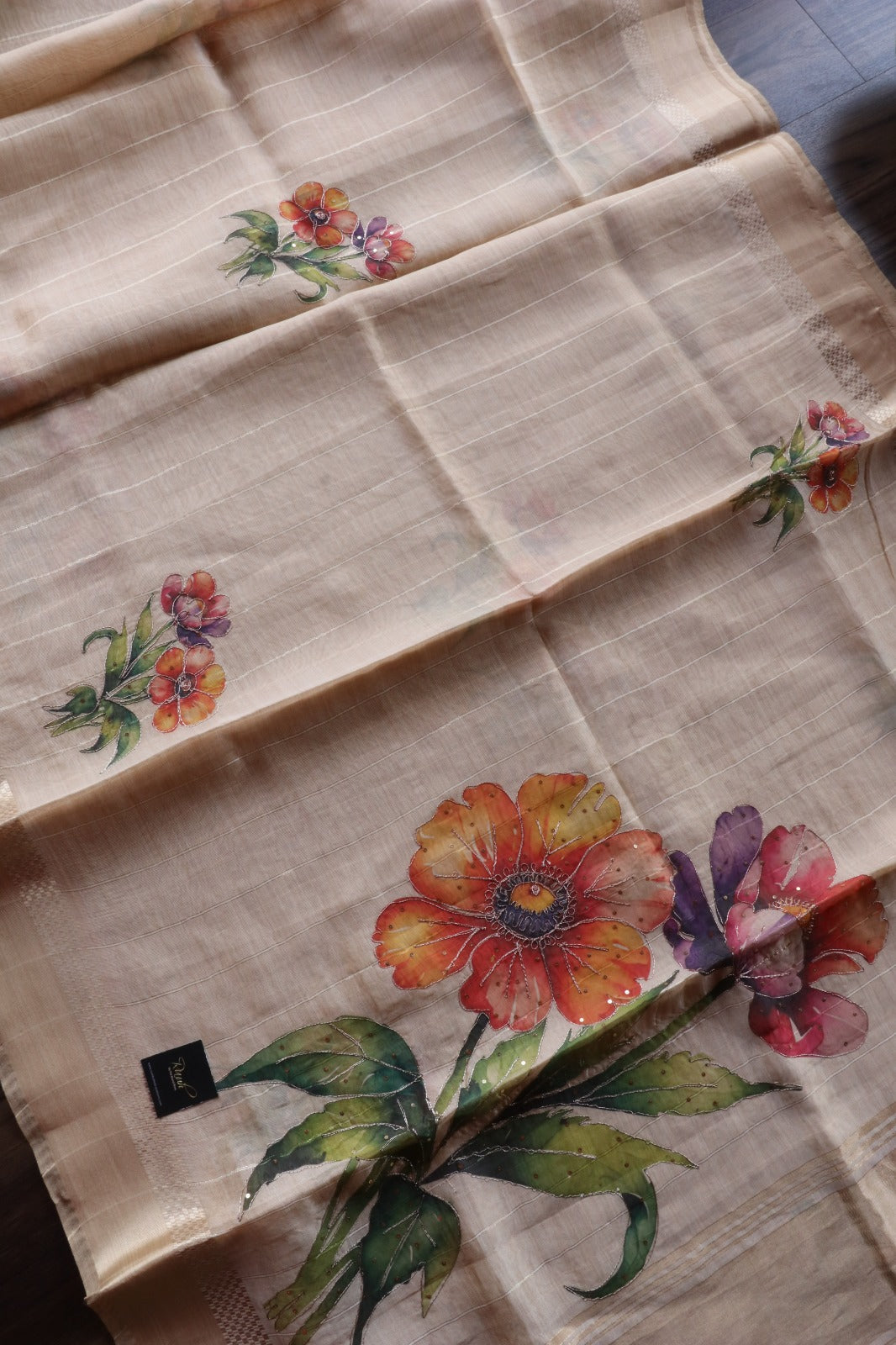 ORANGISH RED FLORAL PRINTED SEMI SILK SAREE WITH HANDWORK
