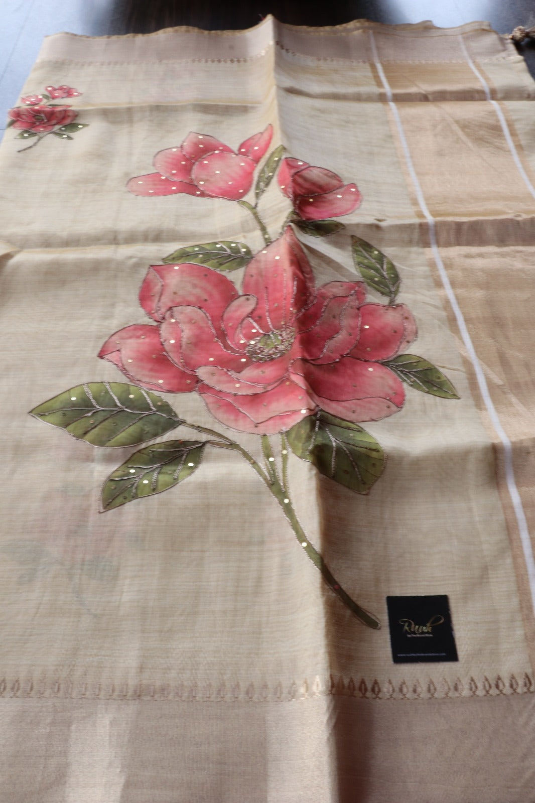 DARK PINK FLORAL PRINTED SEMI SILK SAREE WITH HANDWORK