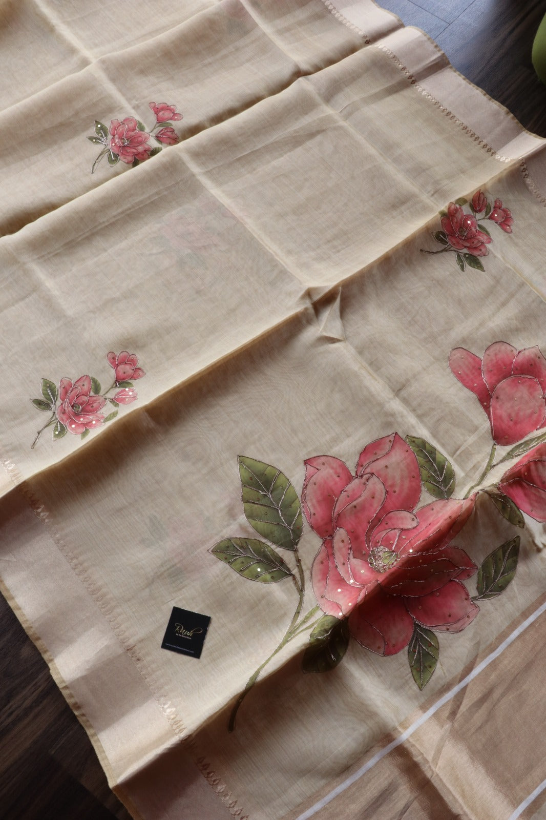 DARK PINK FLORAL PRINTED SEMI SILK SAREE WITH HANDWORK