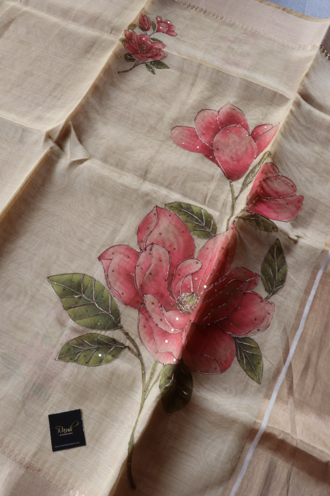 DARK PINK FLORAL PRINTED SEMI SILK SAREE WITH HANDWORK