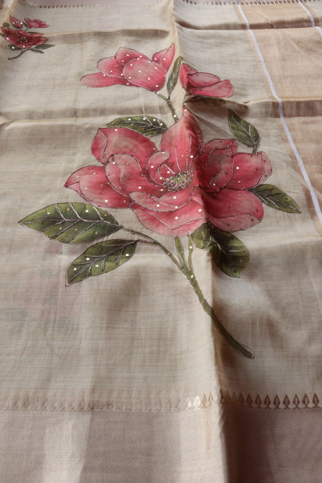 DARK PINK FLORAL PRINTED SEMI SILK SAREE WITH HANDWORK