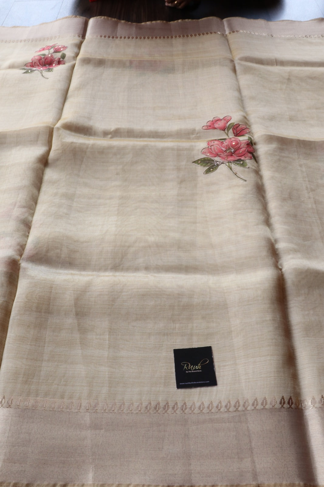 DARK PINK FLORAL PRINTED SEMI SILK SAREE WITH HANDWORK