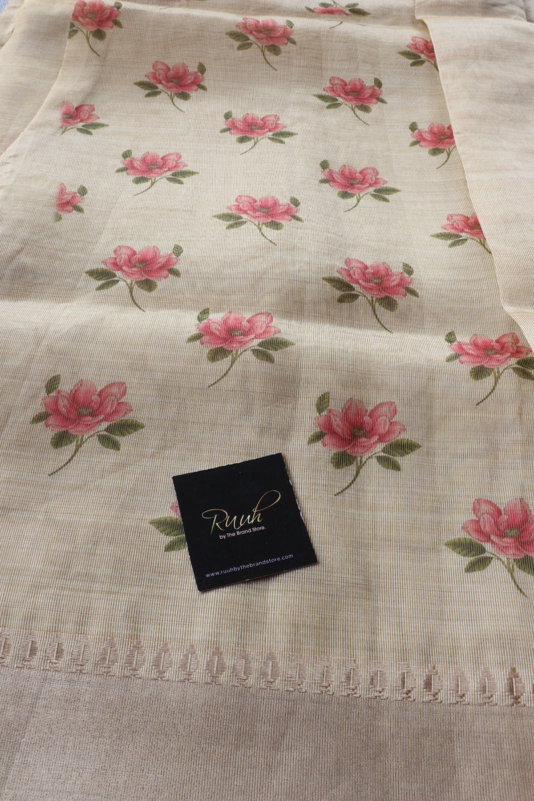 DARK PINK FLORAL PRINTED SEMI SILK SAREE WITH HANDWORK