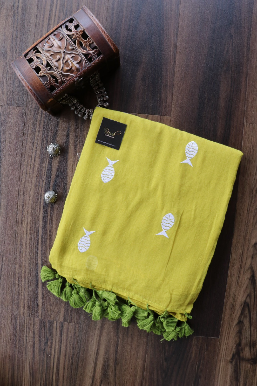 MEHENDI GREEN MULMUL FISH EMBROIDERY