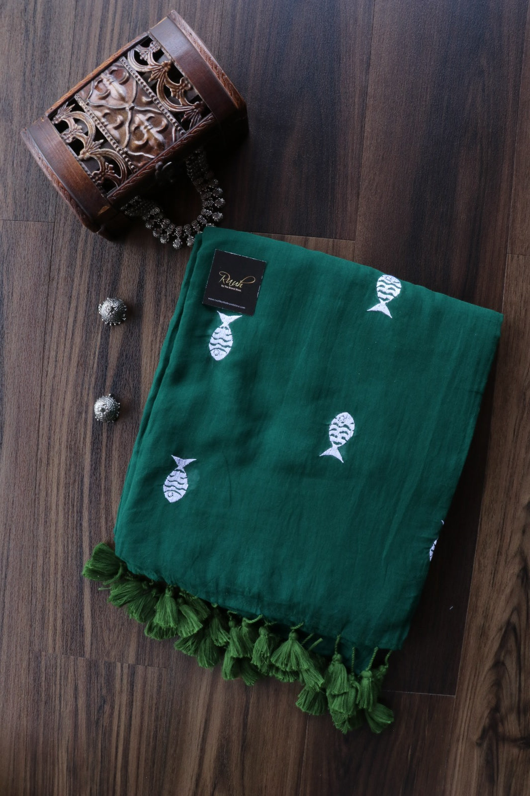DARK GREEN MULMUL FISH EMBROIDERY