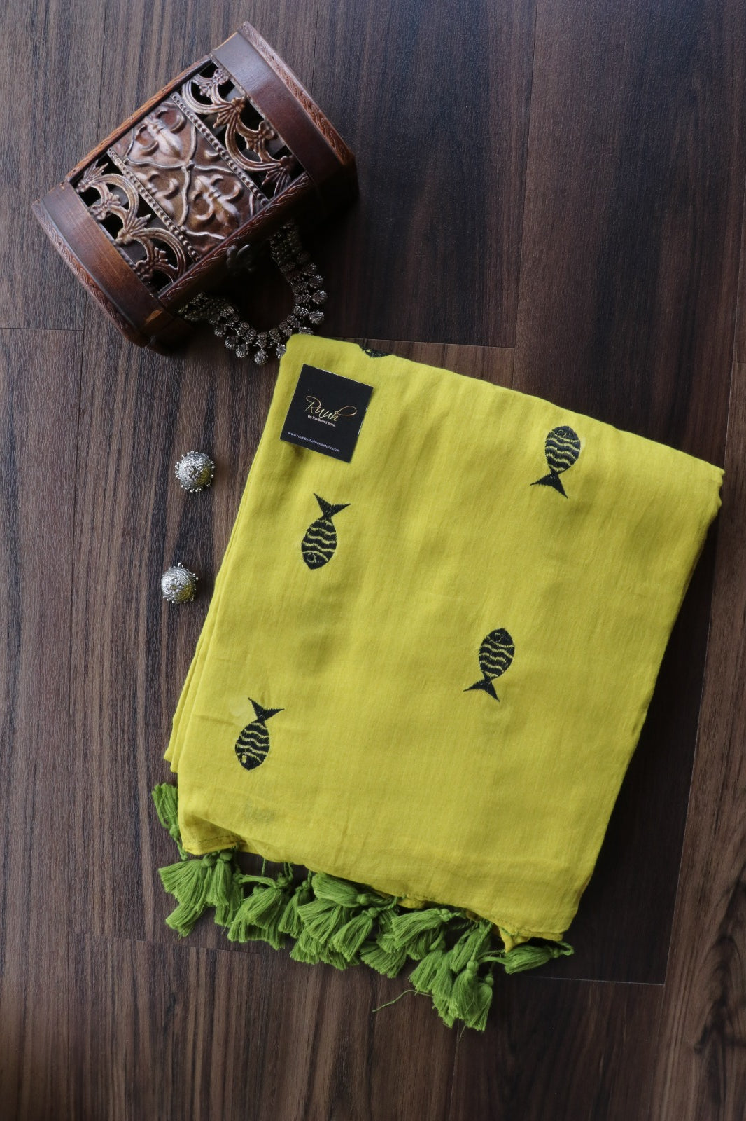 MEHENDI GREEN MULMUL FISH EMBROIDERY