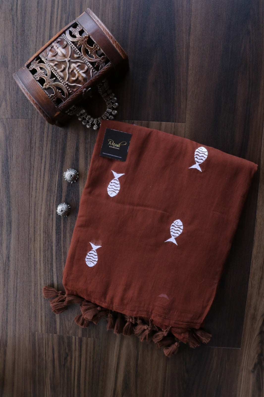 DARK BROWN MULMUL FISH EMBROIDERY