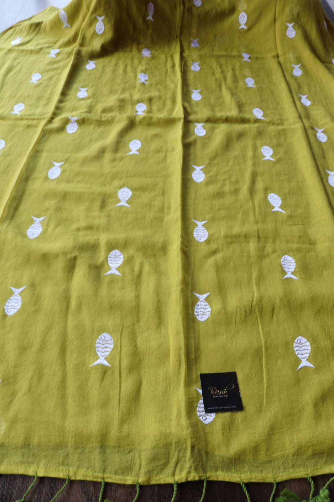 MEHENDI GREEN MULMUL FISH EMBROIDERY