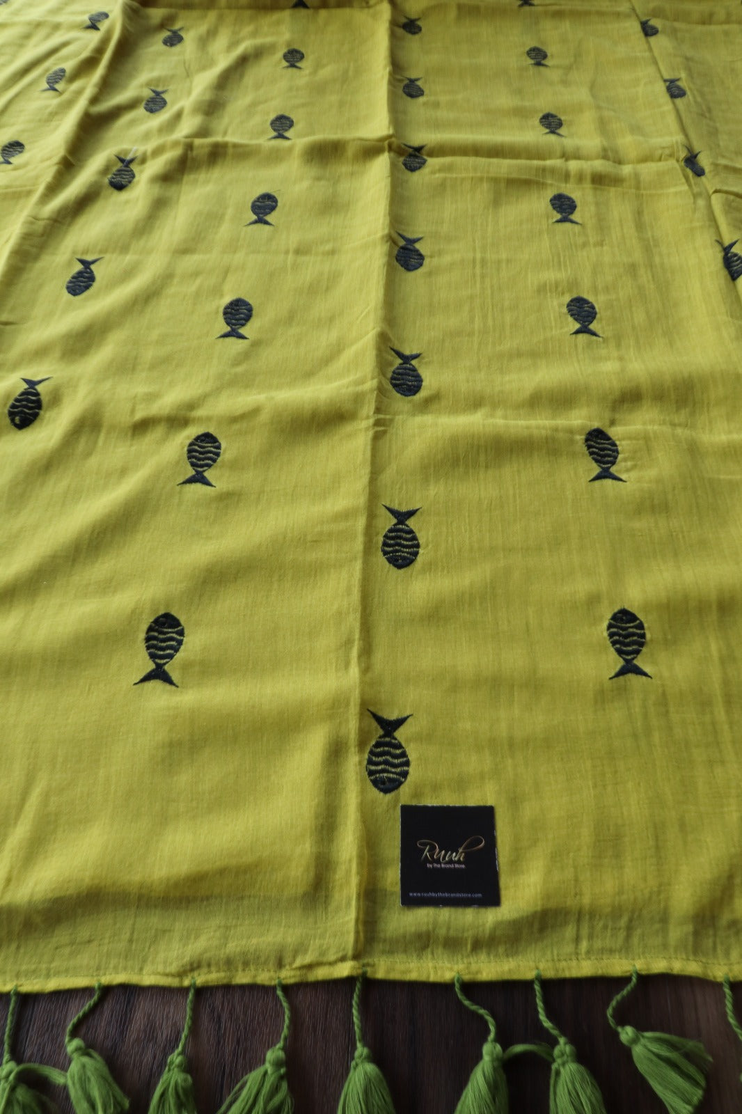 MEHENDI GREEN MULMUL FISH EMBROIDERY