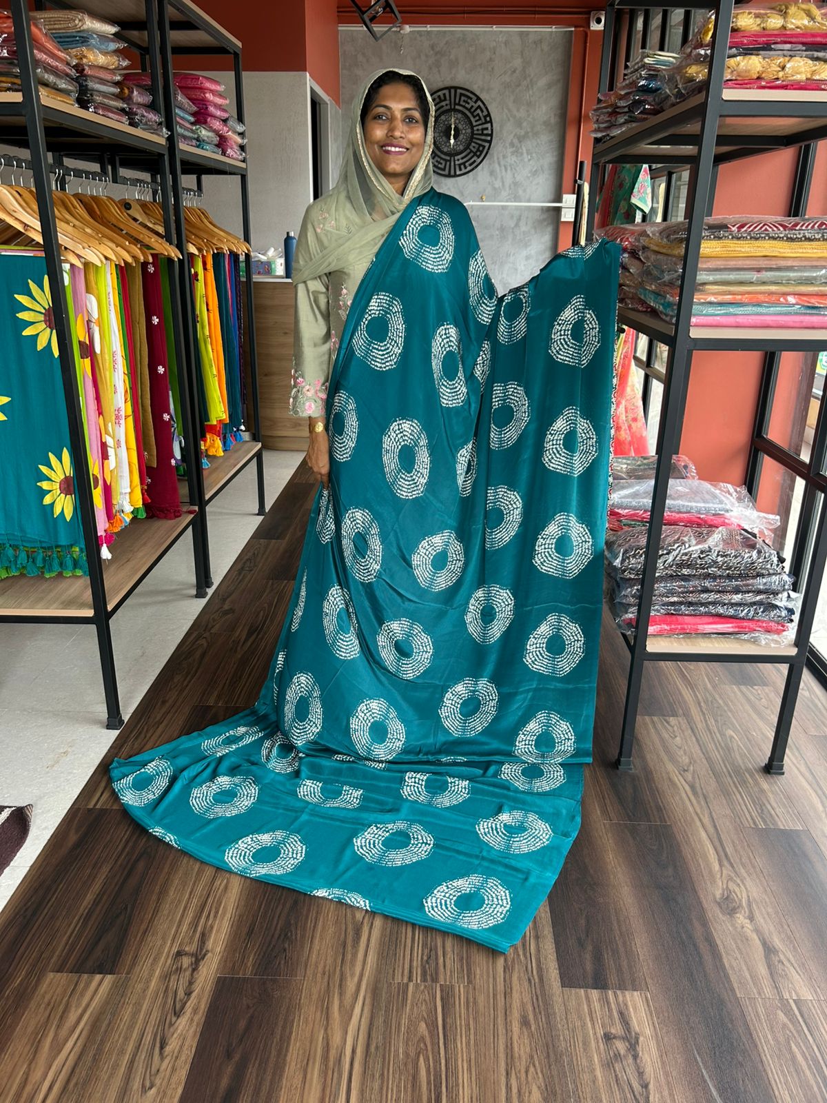 PEACOCK GREEN SEMI MODAL SATIN SILK