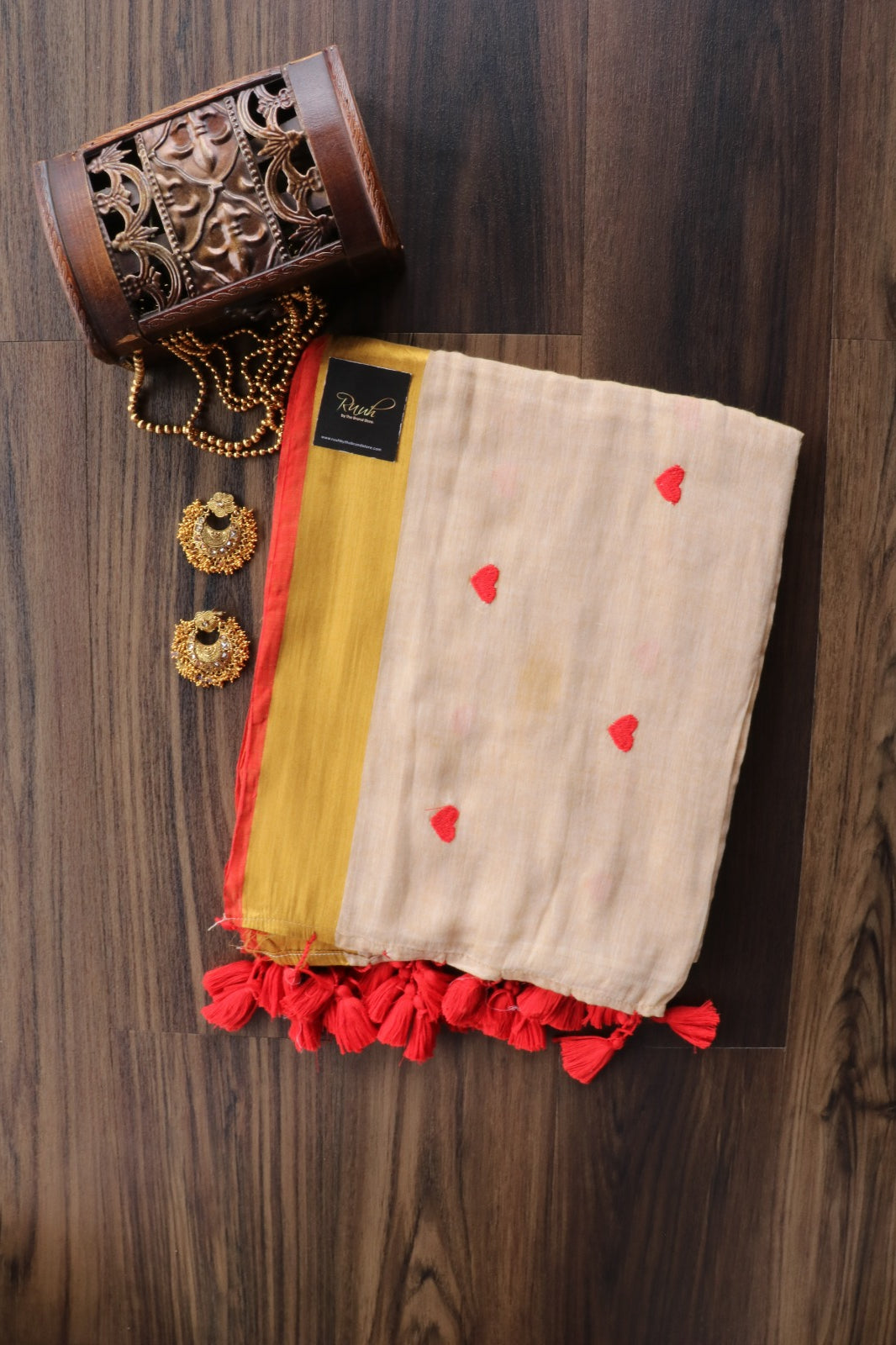 RED HEART EMBROIDERED MULMUL SAREE