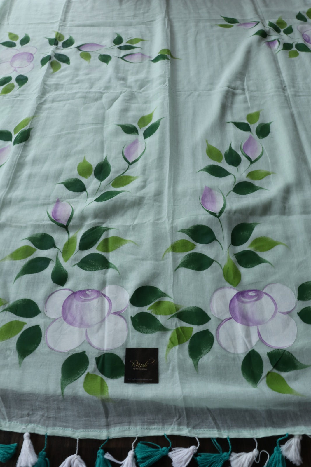 GREEN HANDPAINTED MULMUL COTTON SAREE
