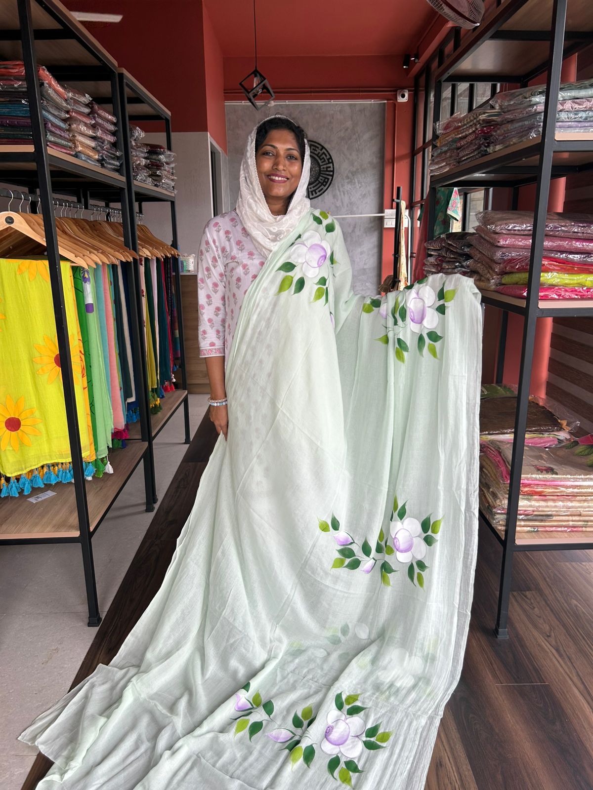 GREEN HANDPAINTED MULMUL COTTON SAREE