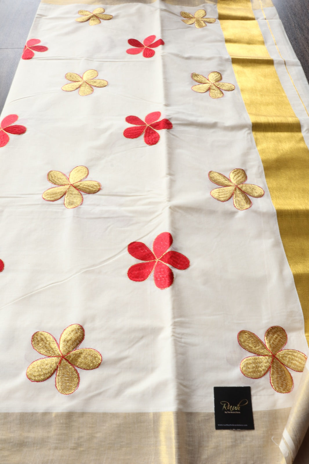KERALA COTTON RED & GOLD FLORAL EMBROIDERY