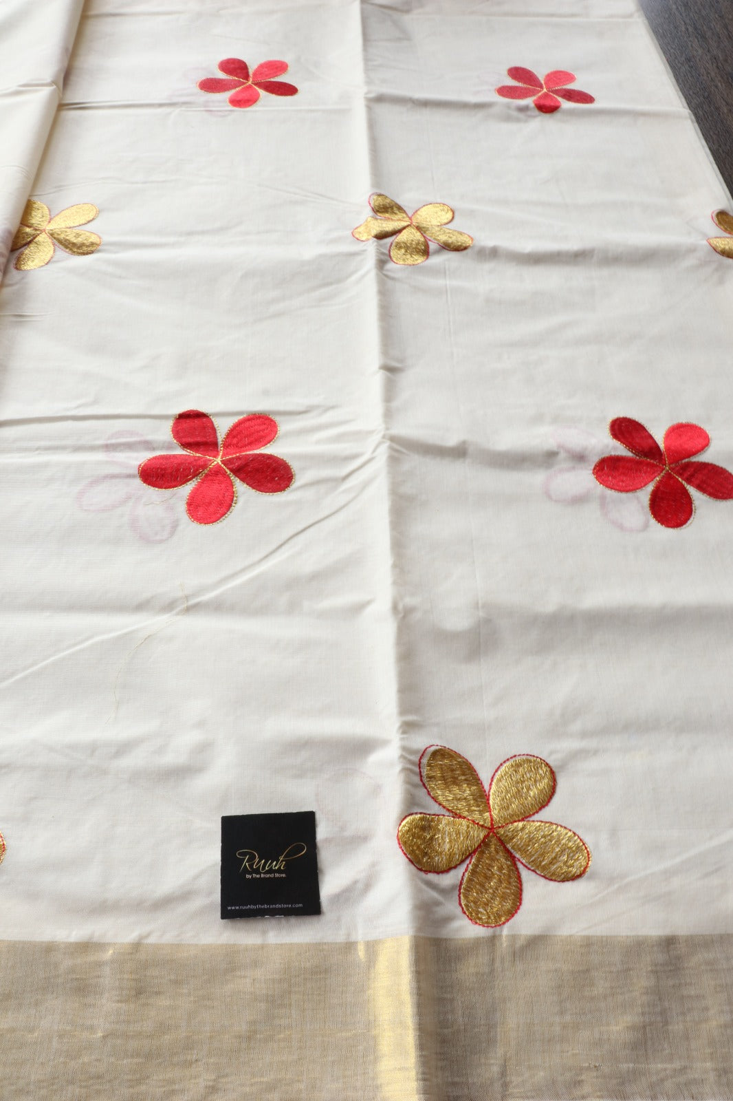 KERALA COTTON RED & GOLD FLORAL EMBROIDERY