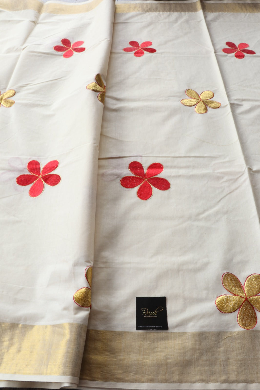 KERALA COTTON RED & GOLD FLORAL EMBROIDERY