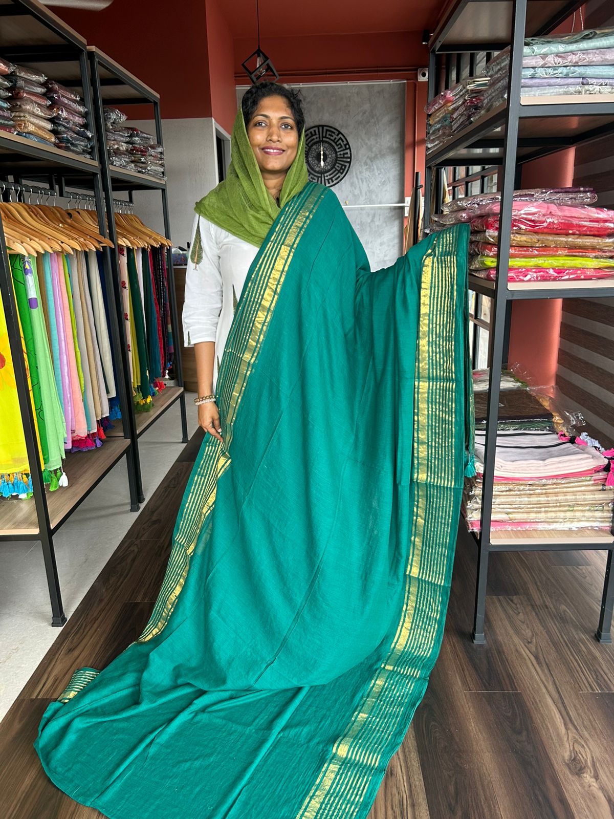 DARK GREEN MULMUL COTTON SAREE
