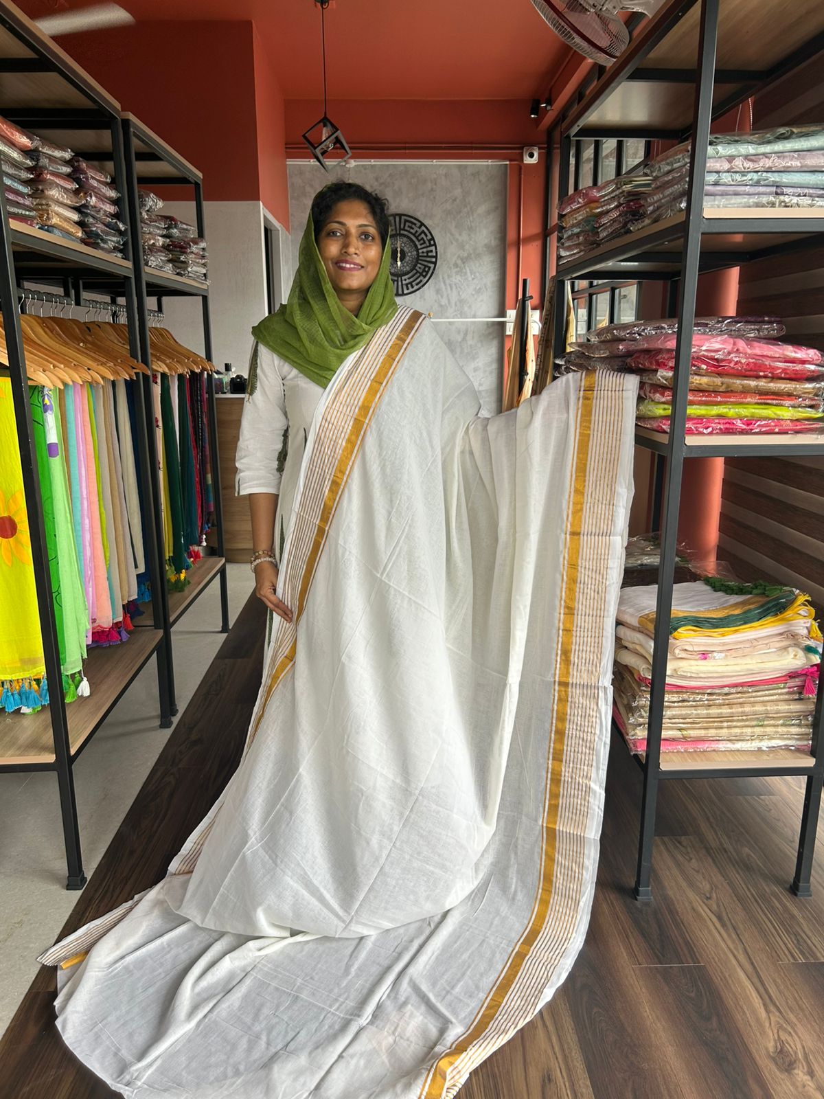 OFF WHITE  MULMUL COTTON SAREE WITH ZARI STRIPE BORDER