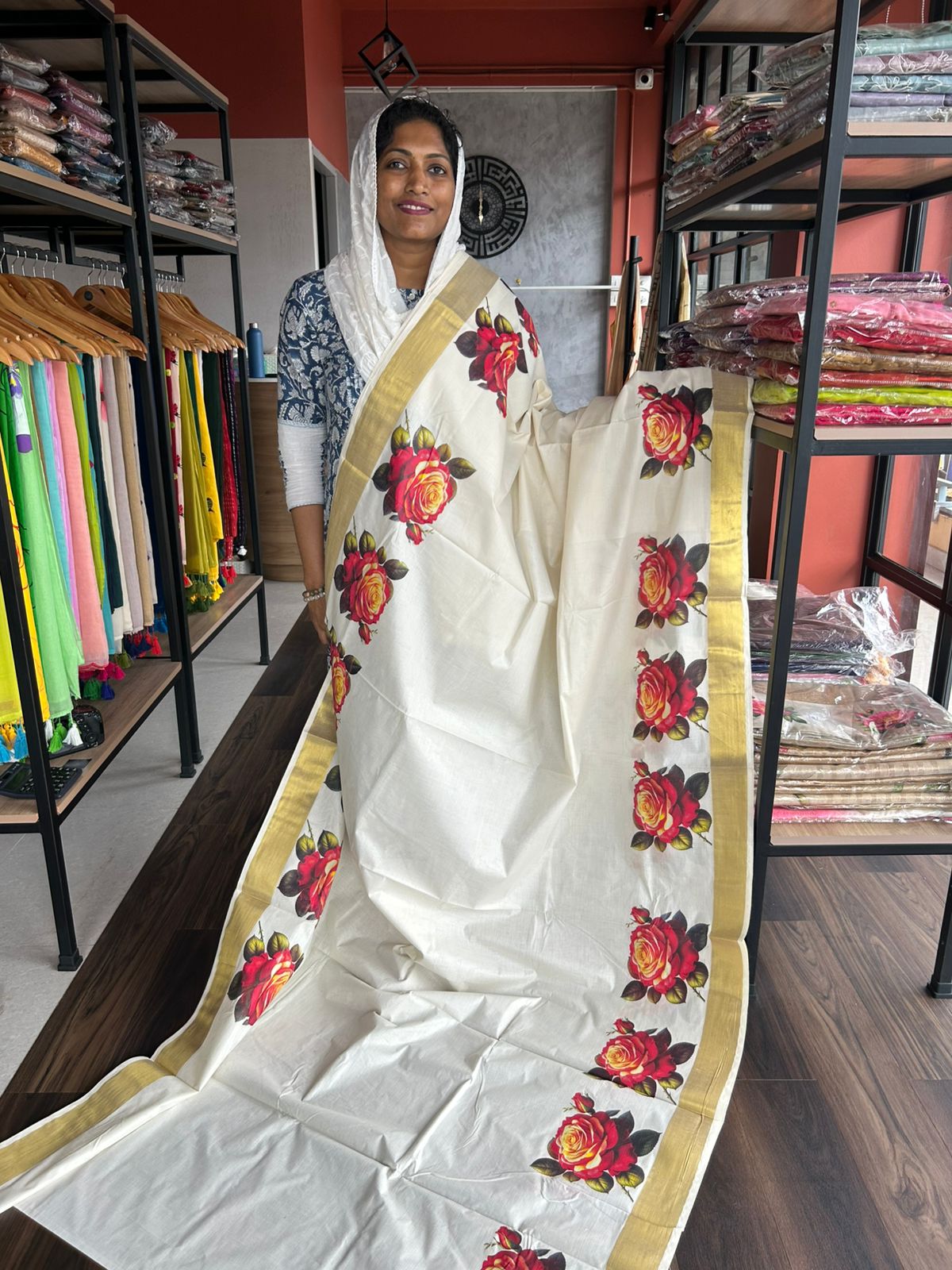 ROSE PRINTED KERALA COTTON SAREE
