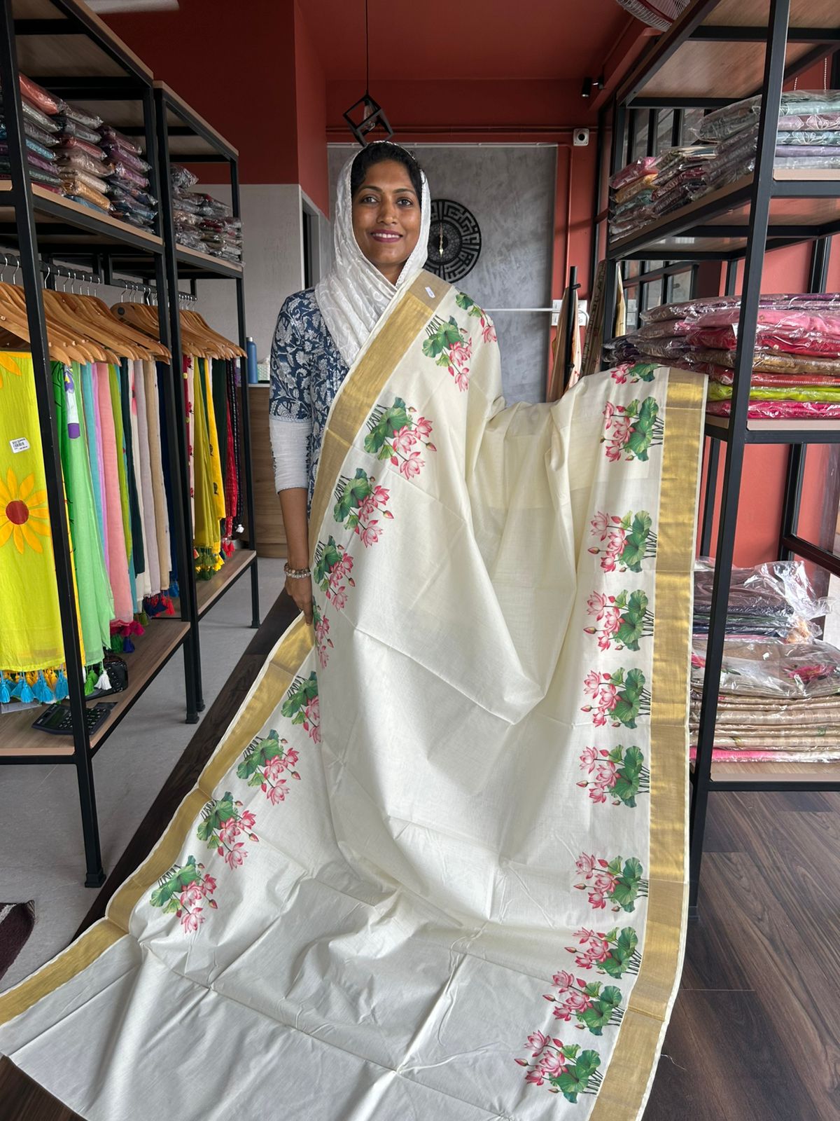 LOTUS PRINTED KERALA COTTON SAREE