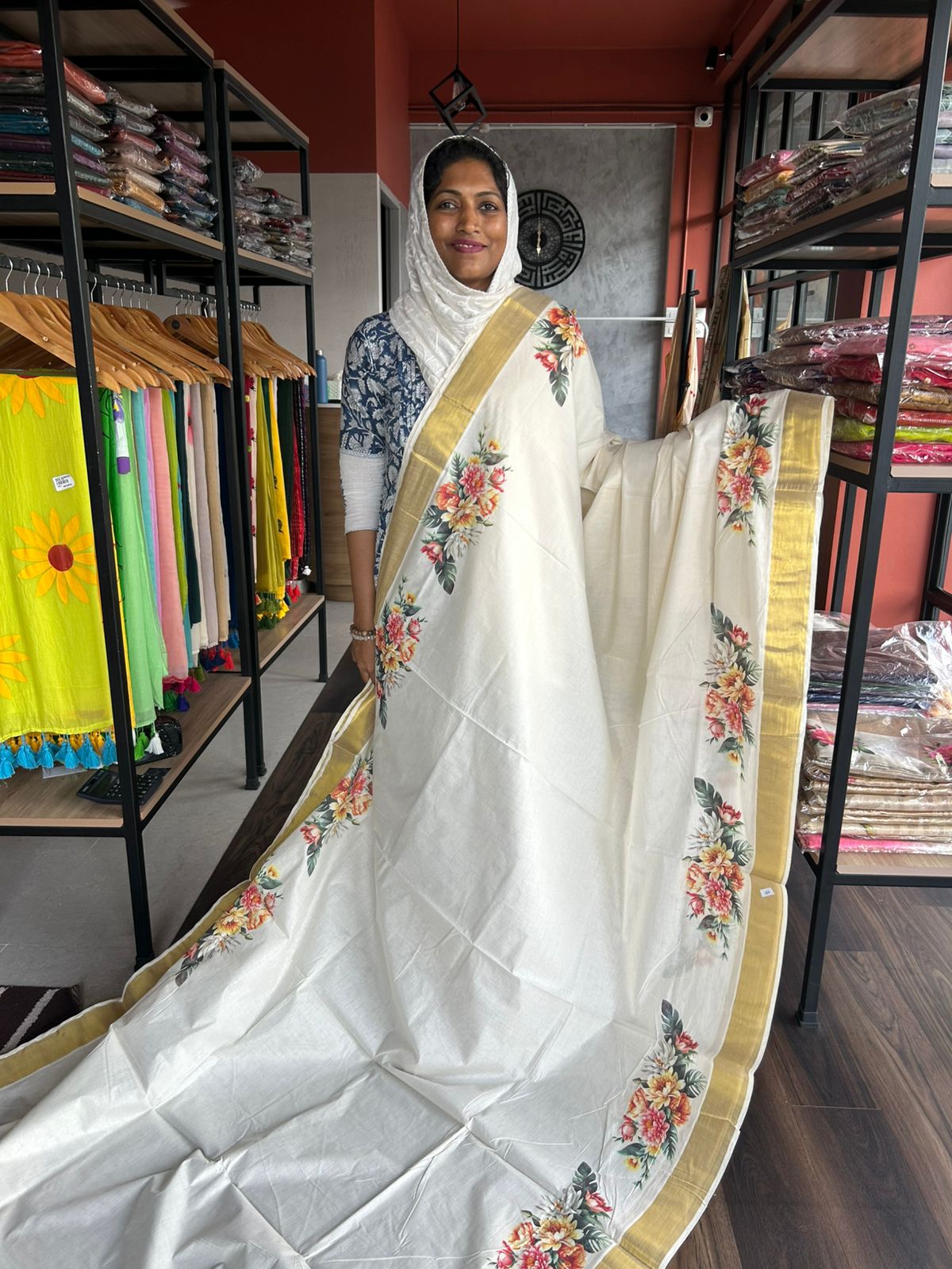 MULTI COLOUR FLORAL PRINTED KERALA COTTON SAREE
