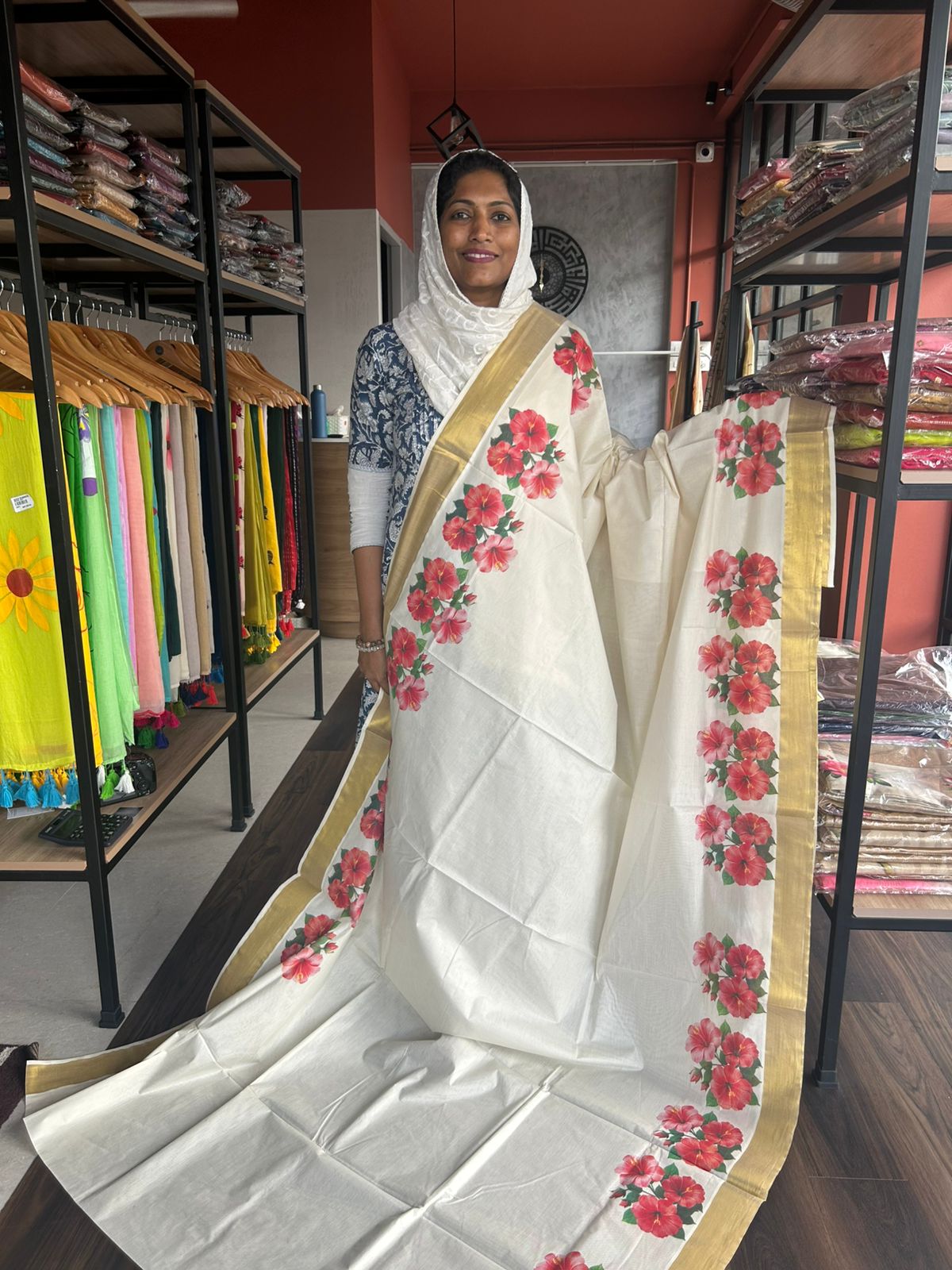 HIBISCUS PRINTED KERALA  COTTON SAREE