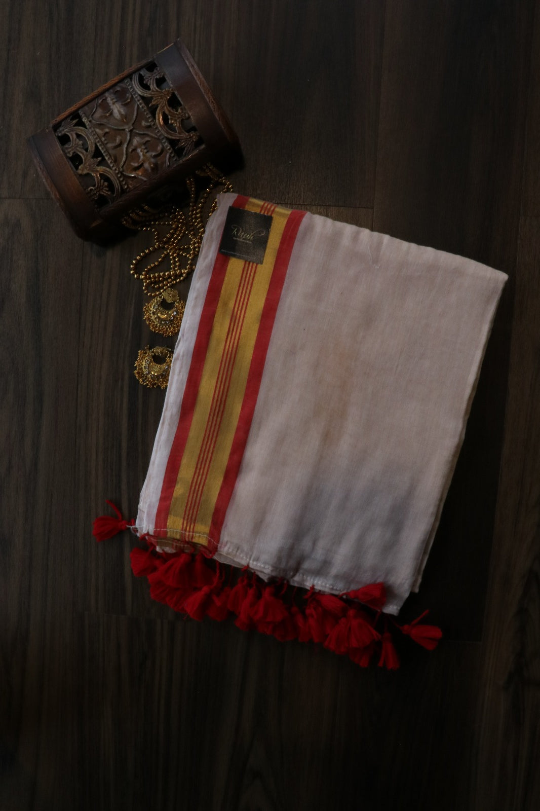 MULMUL COTTON WITH RED AND GOLD BORDER