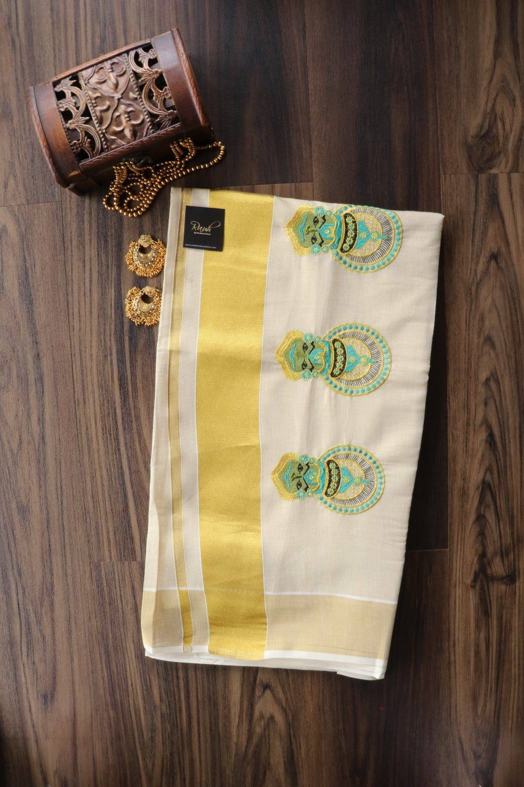 SEA BLUE KATHAKALI EMBROIDERY ON TISSUE SAREE