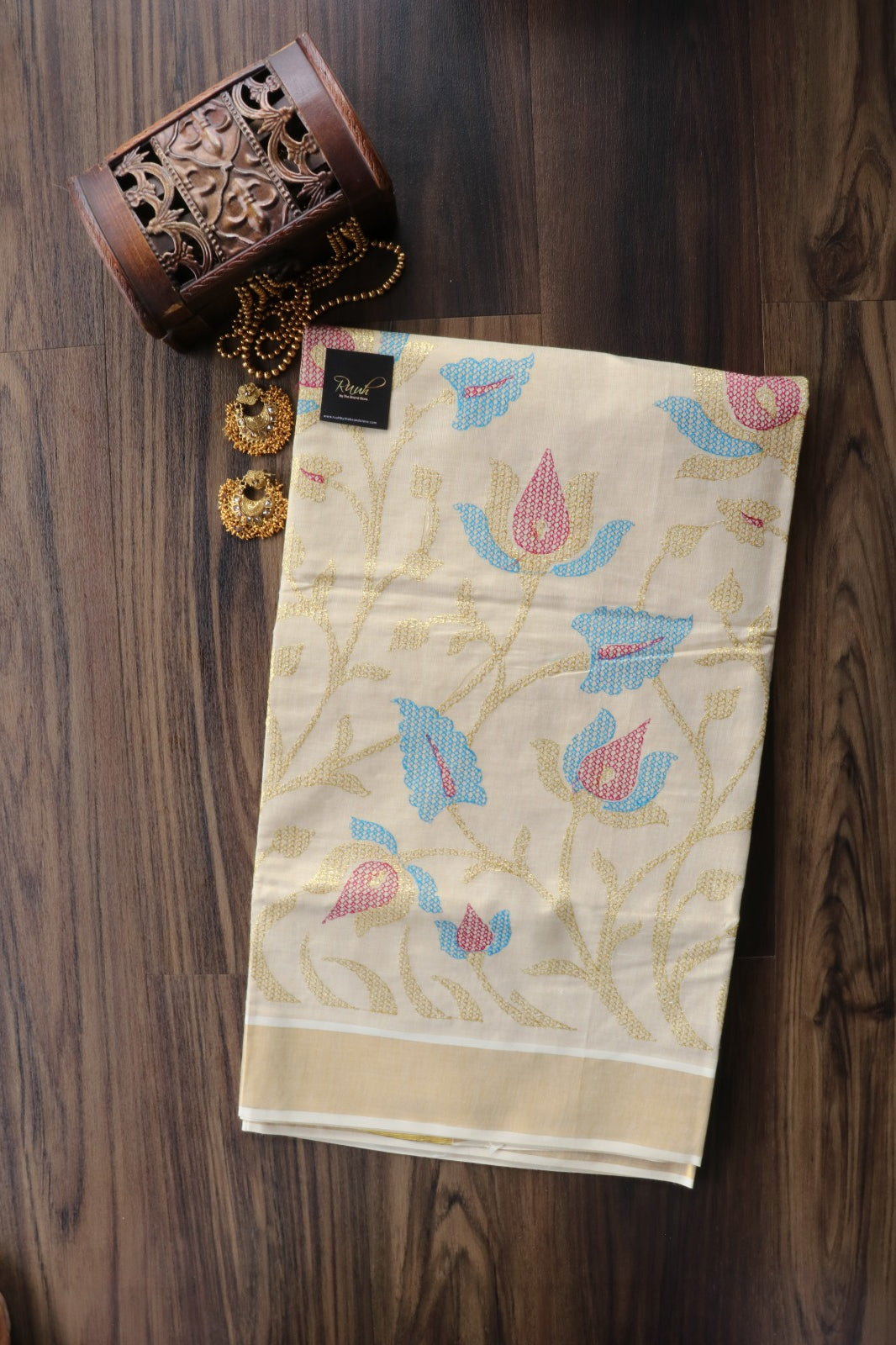 BLUE -PINK LOTUS EMBROIDERY ON TISSUE SAREE