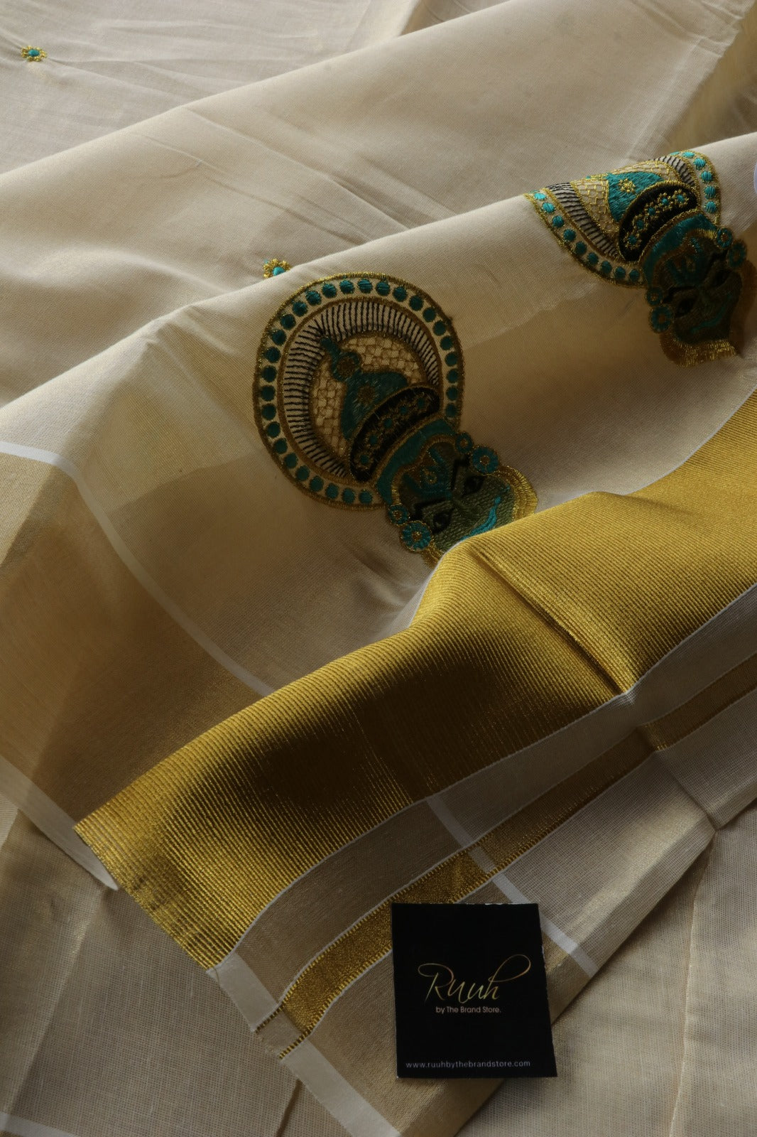 SEA BLUE KATHAKALI EMBROIDERY ON TISSUE SAREE