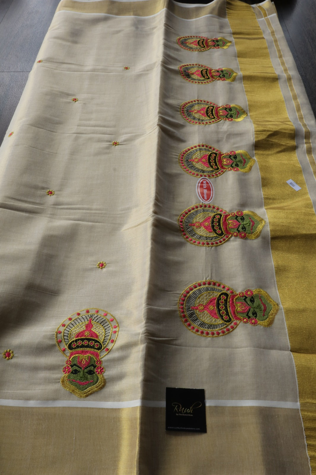 PINK KATHAKALI EMBROIDEY ON KERALA TISSUE