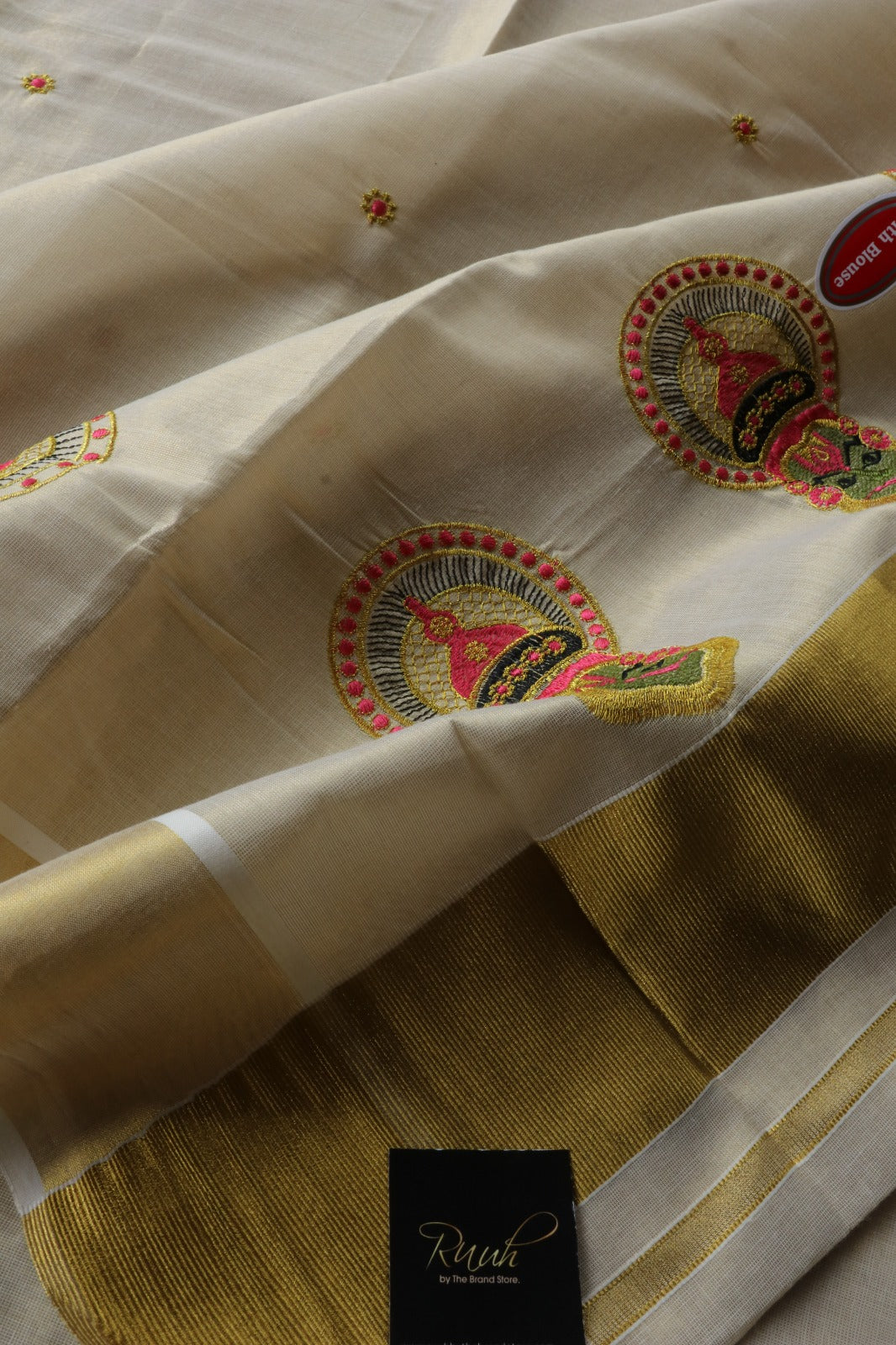 PINK KATHAKALI EMBROIDEY ON KERALA TISSUE