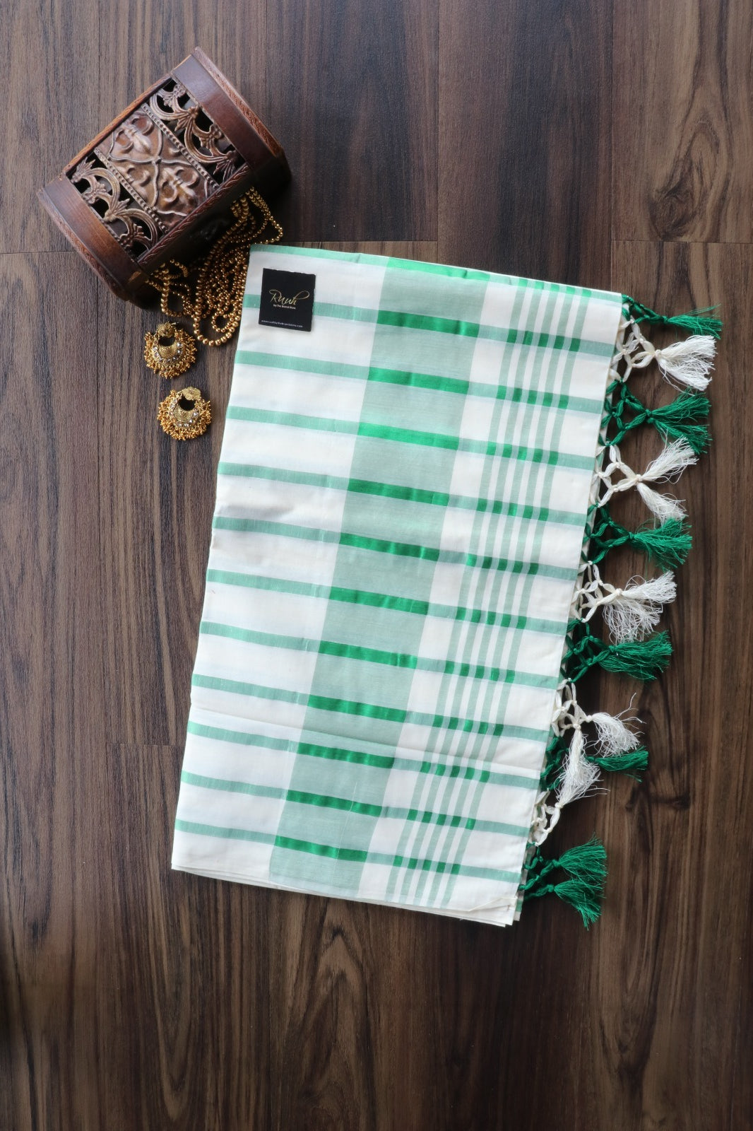 KERALA COTTON SAREE IN DARK GREEN STRIPE