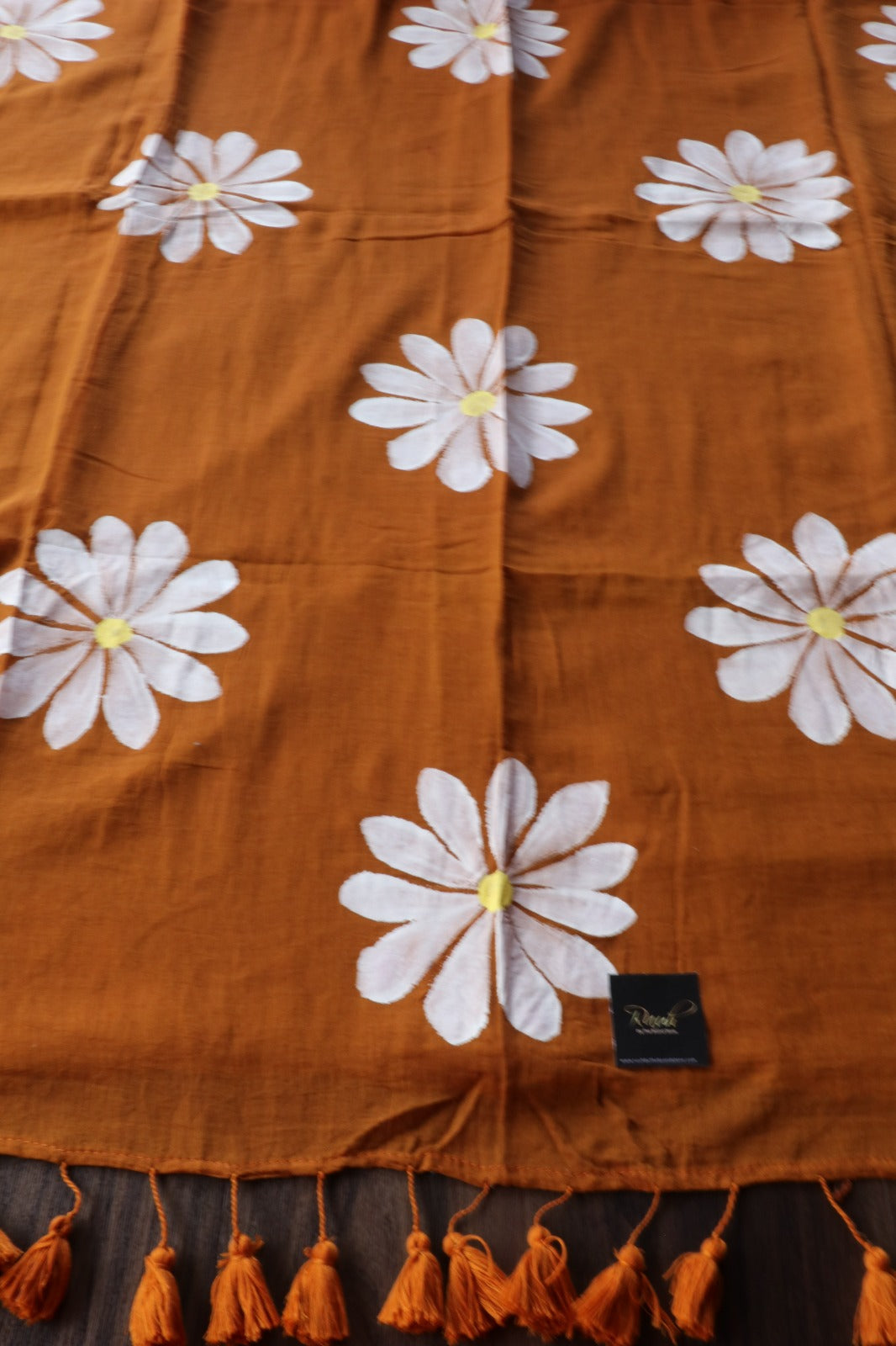 MUSTARD BROWN DAISY HANDPAINTED MULMUL SAREE