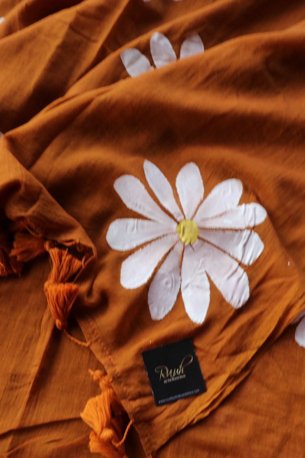 MUSTARD BROWN DAISY HANDPAINTED MULMUL SAREE