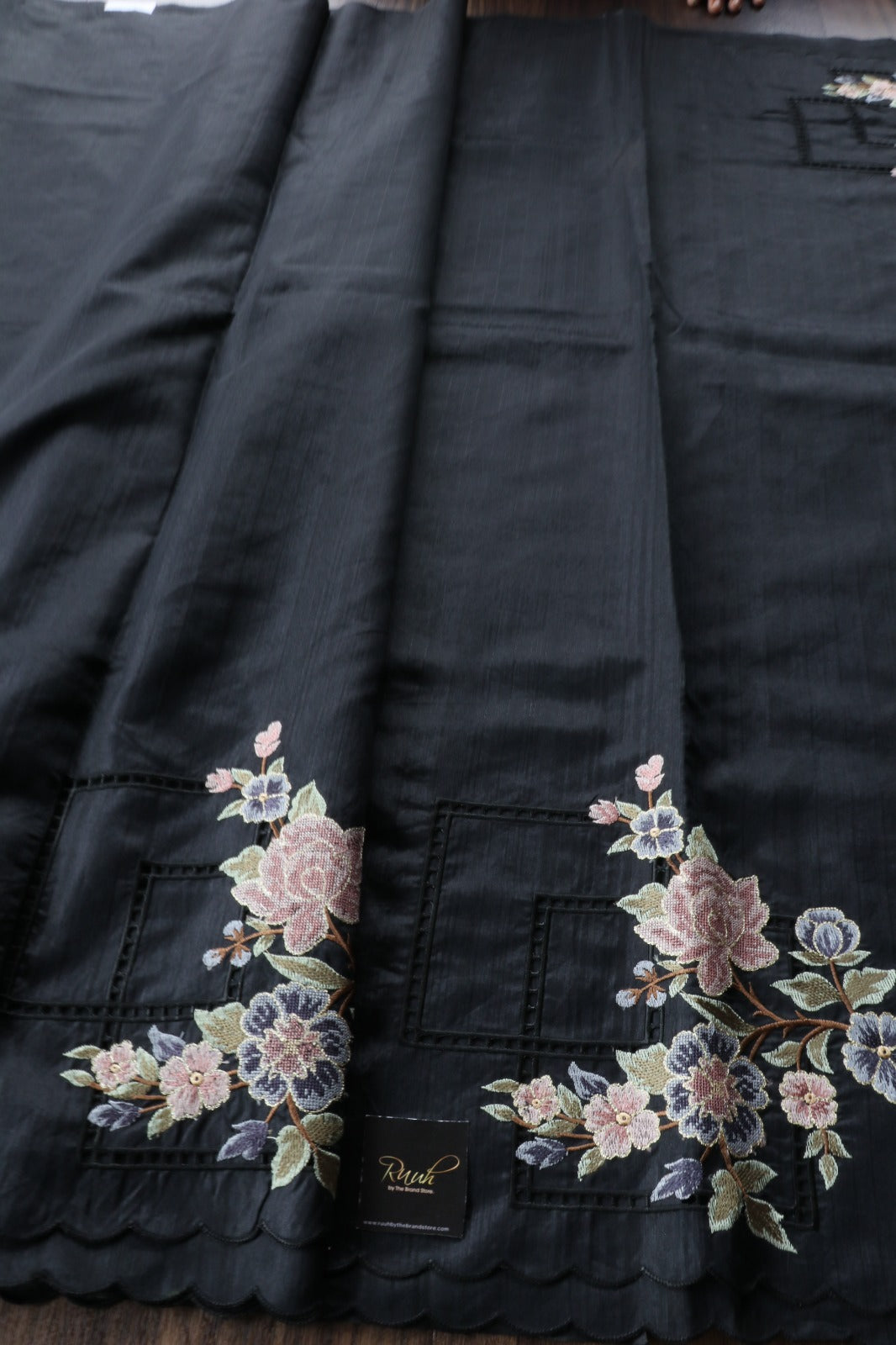 PREMIUM SEMI TUSSAR WITH CUTWORK - BLACK