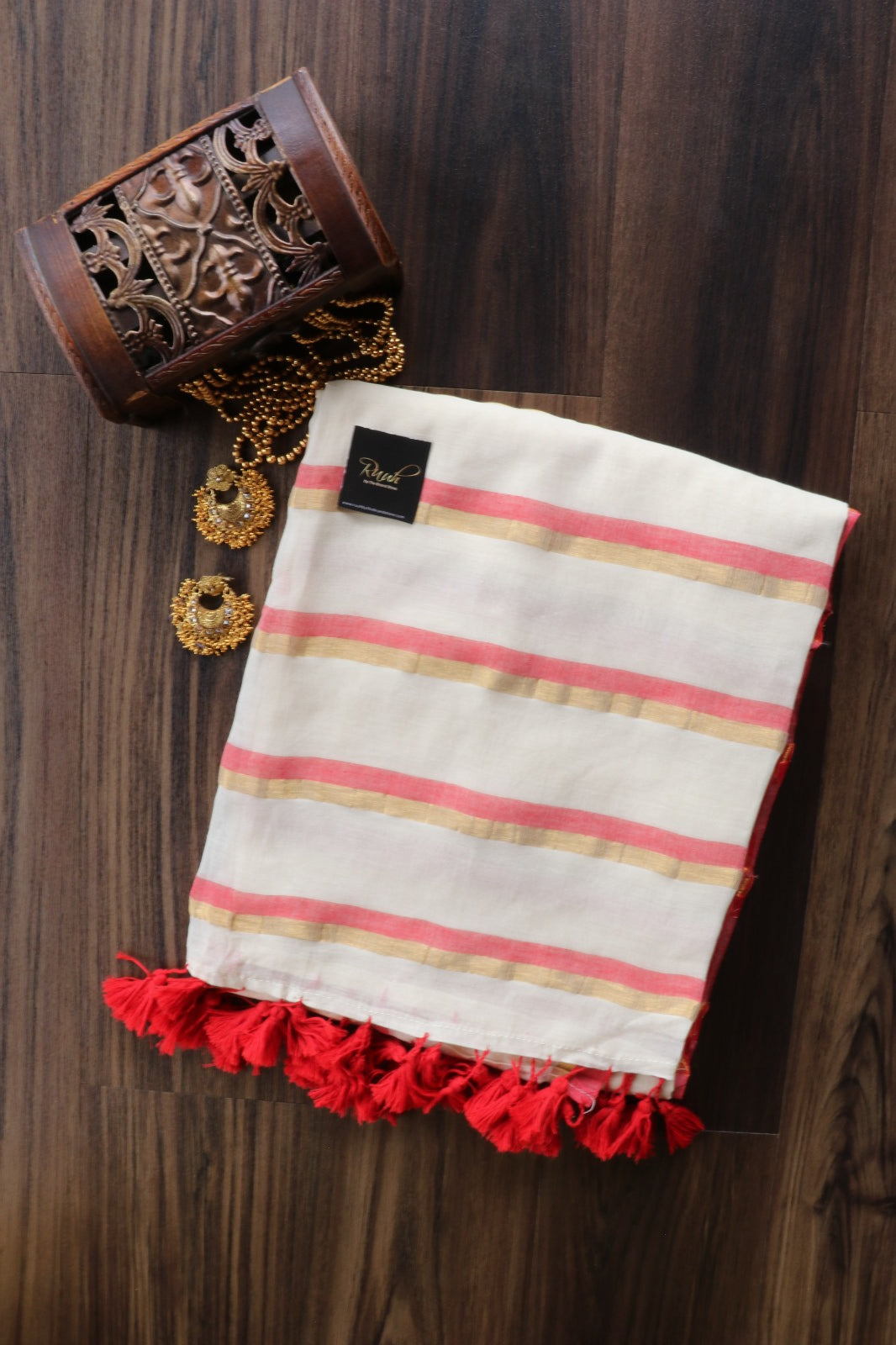 MULMUL SAREE WITH RED & GOLD STRIPE