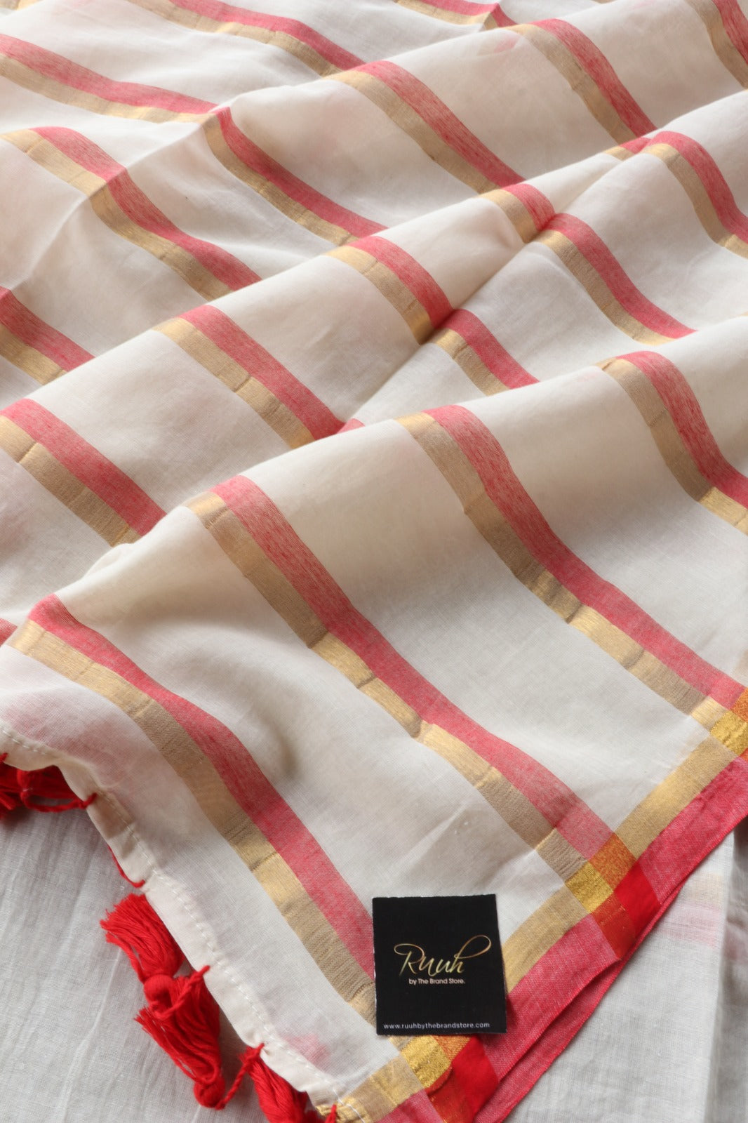MULMUL SAREE WITH RED & GOLD STRIPE