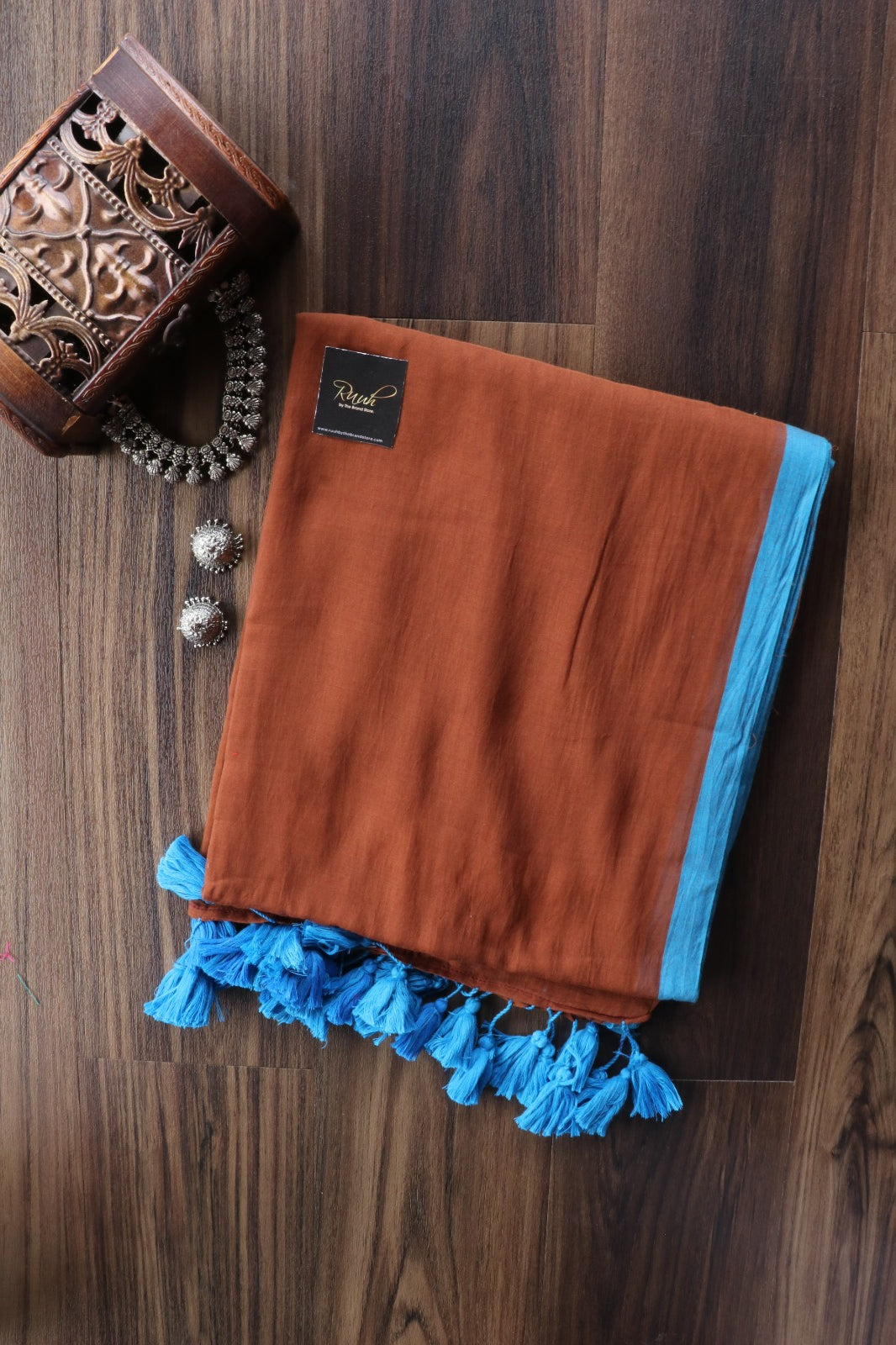 BROWN - BLUE PLAIN MULMUL SAREE