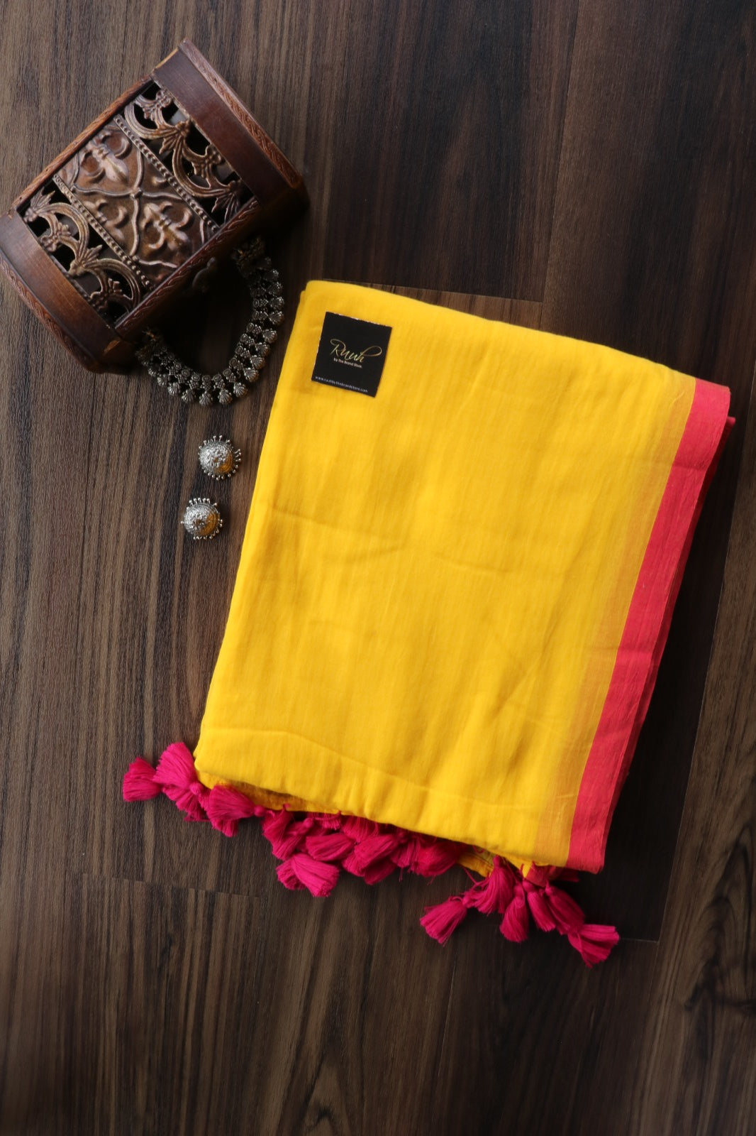 YELLOW - PINK PLAIN MULMUL SAREE