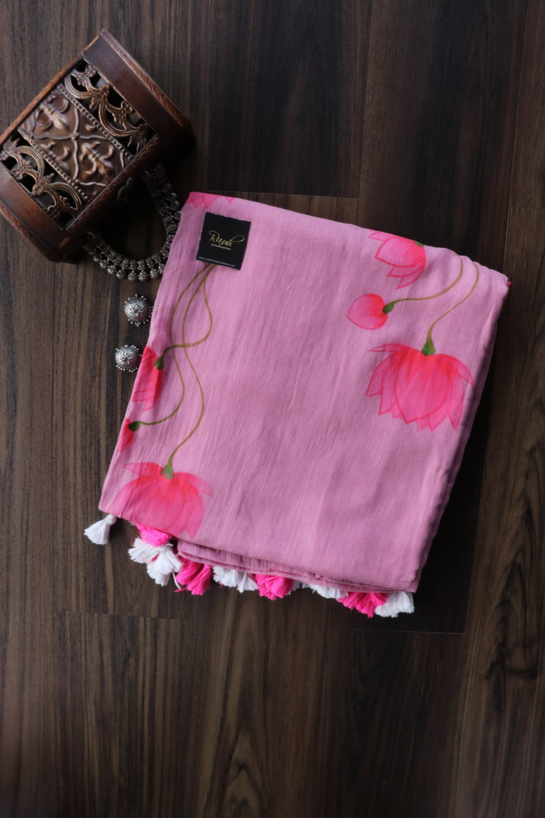 LOTUS HANDPAINTED MULMUL SAREE- DARK PINK