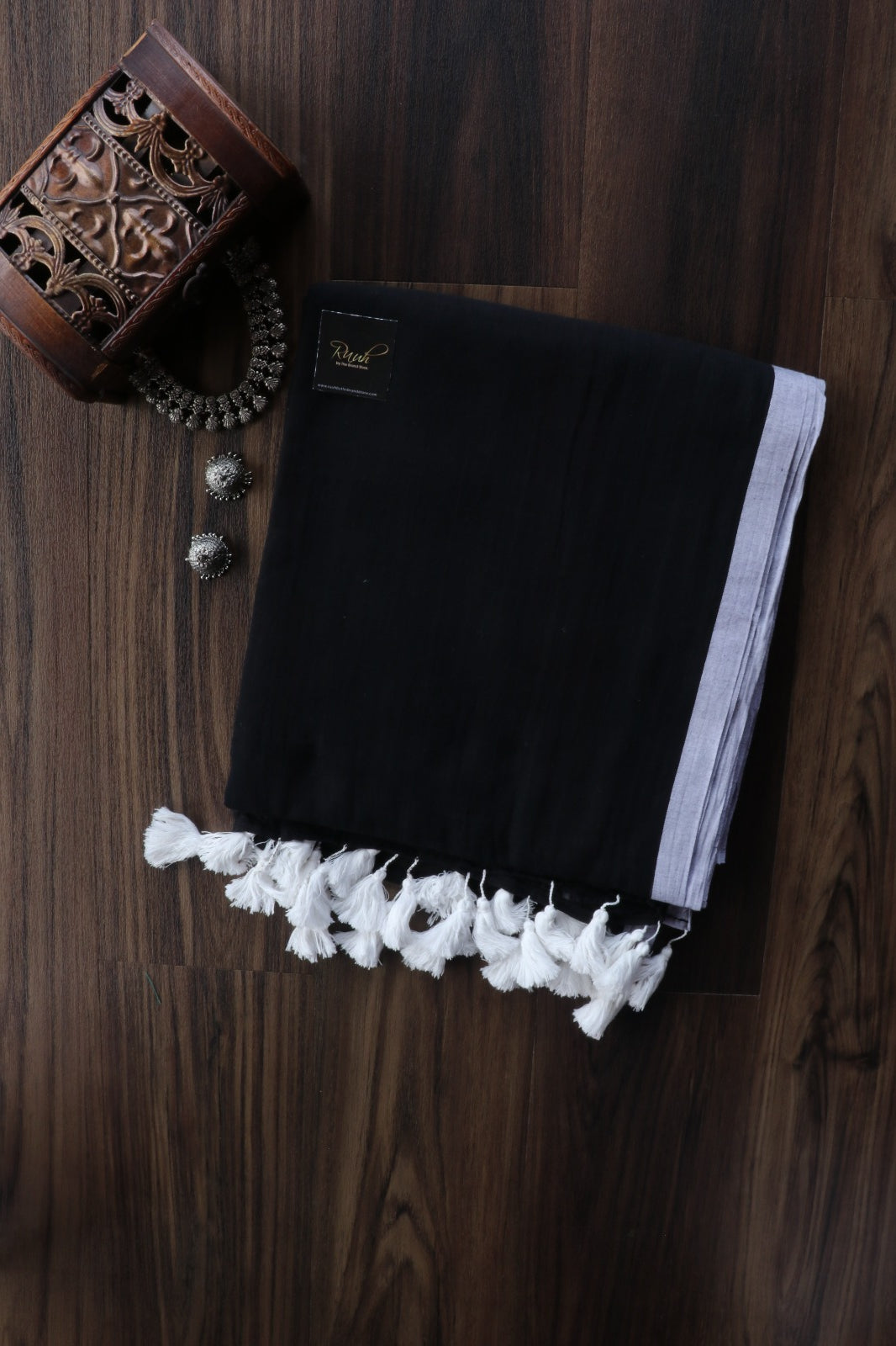 BLACK - LIGHT GREY PLAIN MULMUL SAREE