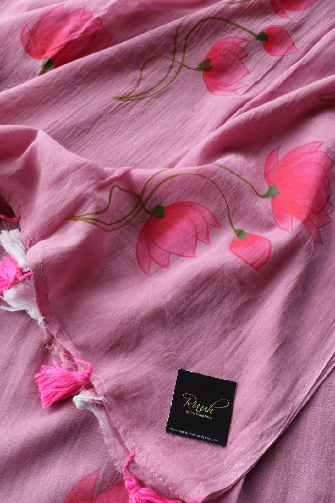 LOTUS HANDPAINTED MULMUL SAREE- DARK PINK