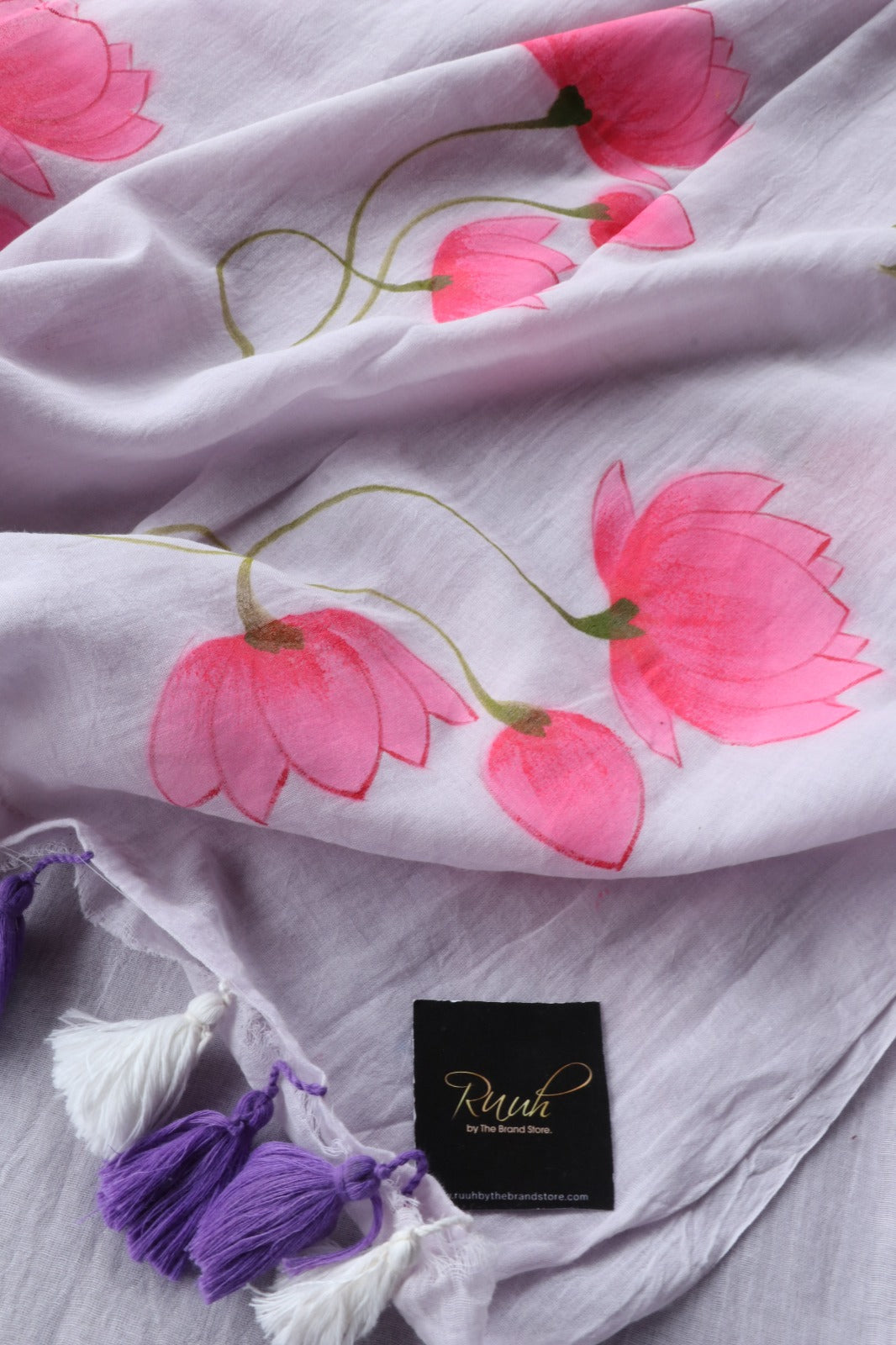 LOTUS HANDPAINTED MULMUL SAREE- LILAC