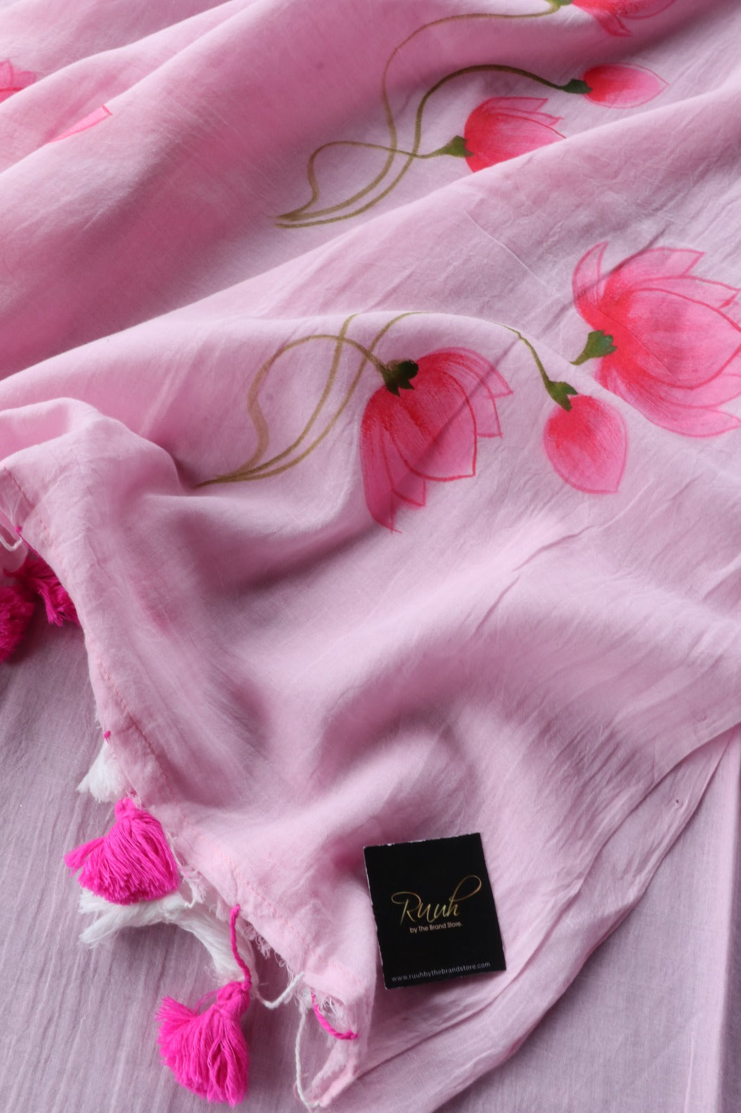 LOTUS HANDPAINTED MULMUL SAREE- LIGHT PINK