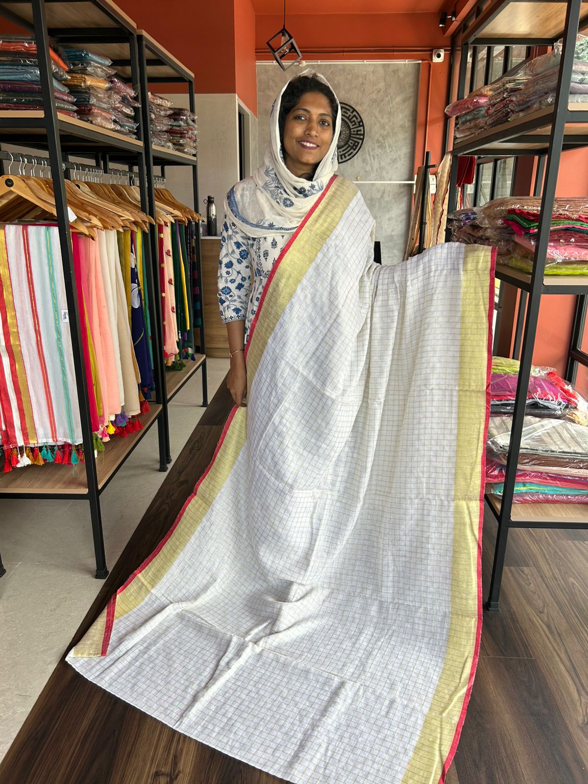 LINEN CHECKS WITH PINK EDGING
