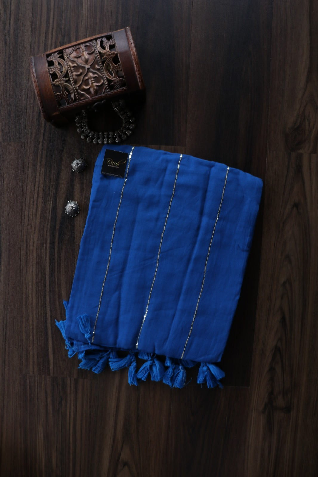 ROYAL BLUE MULMUL SEQUENCE SAREE