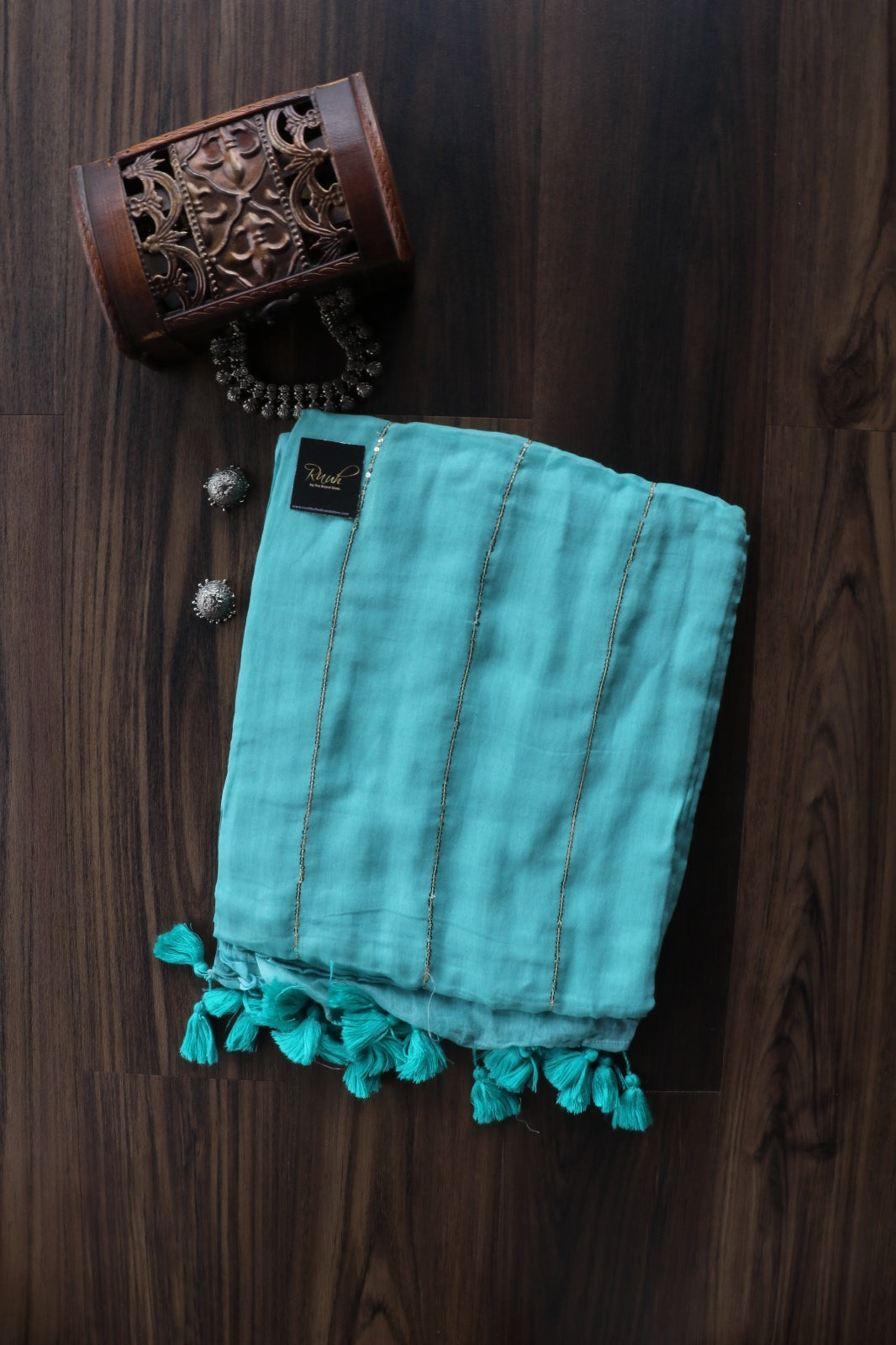 SEA GREEN MULMUL SEQUENCE SAREE