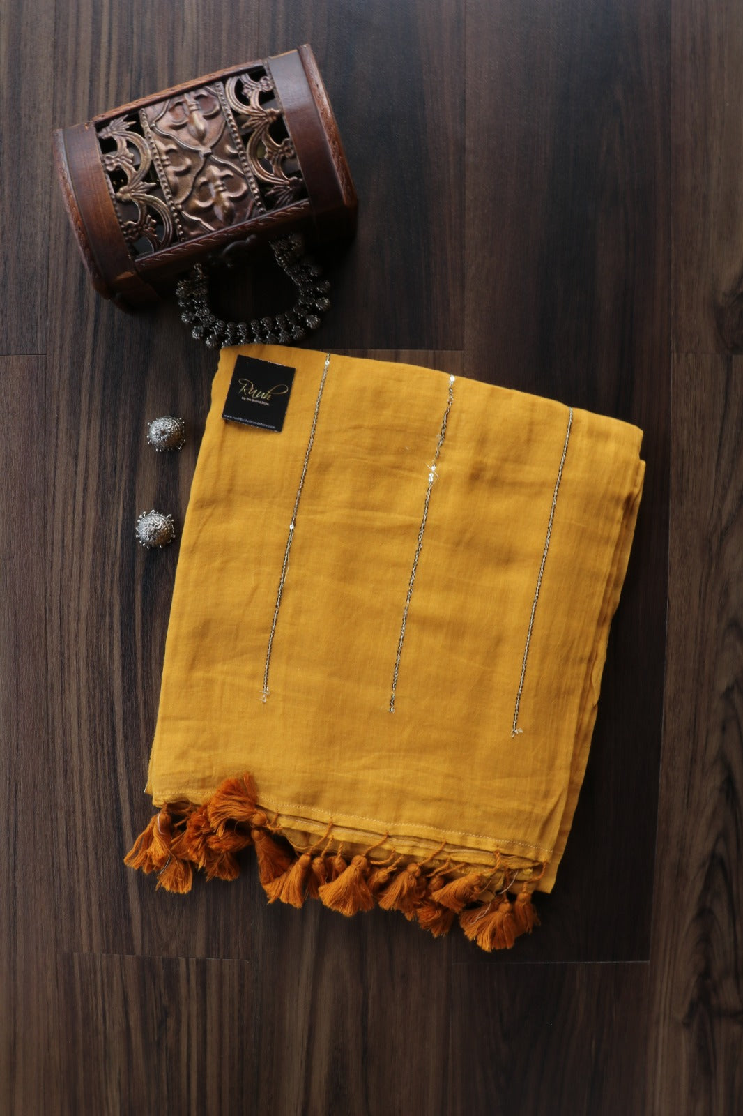 MUSTARD YELLOW MULMUL SEQUENCE SAREE