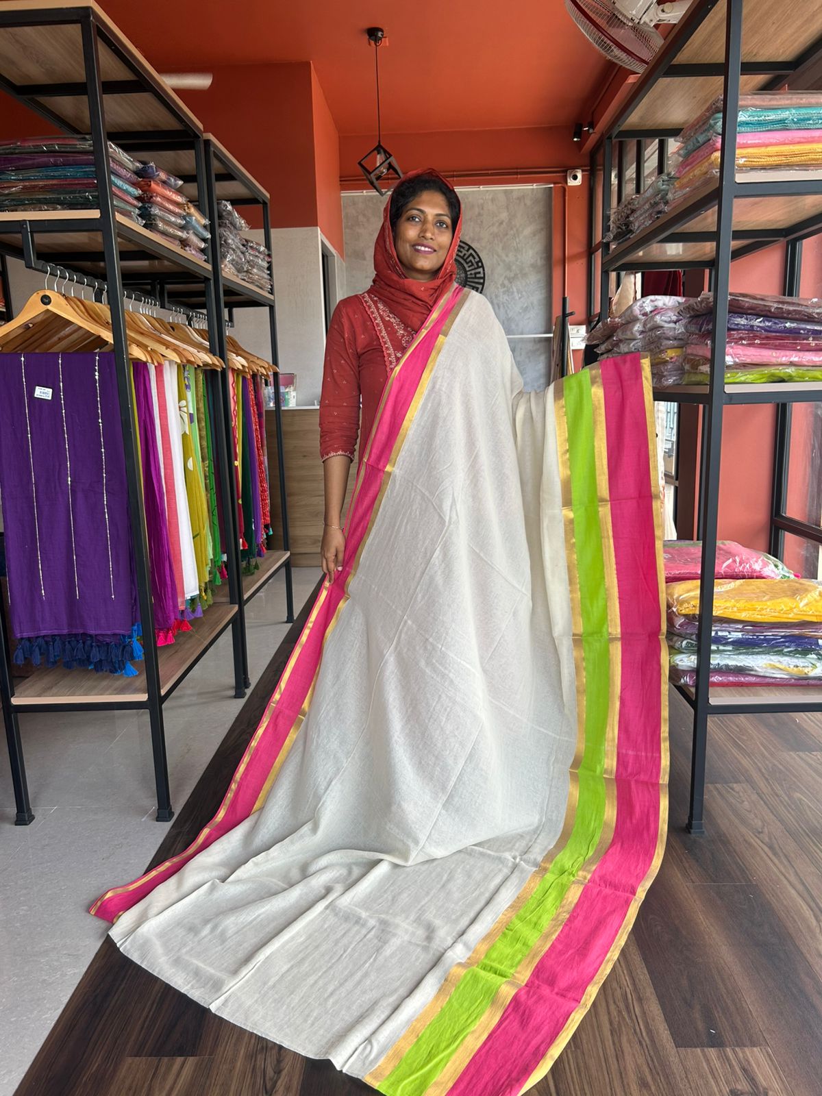 MULMUL COTTON WITH MULTI COLOUR BORDER